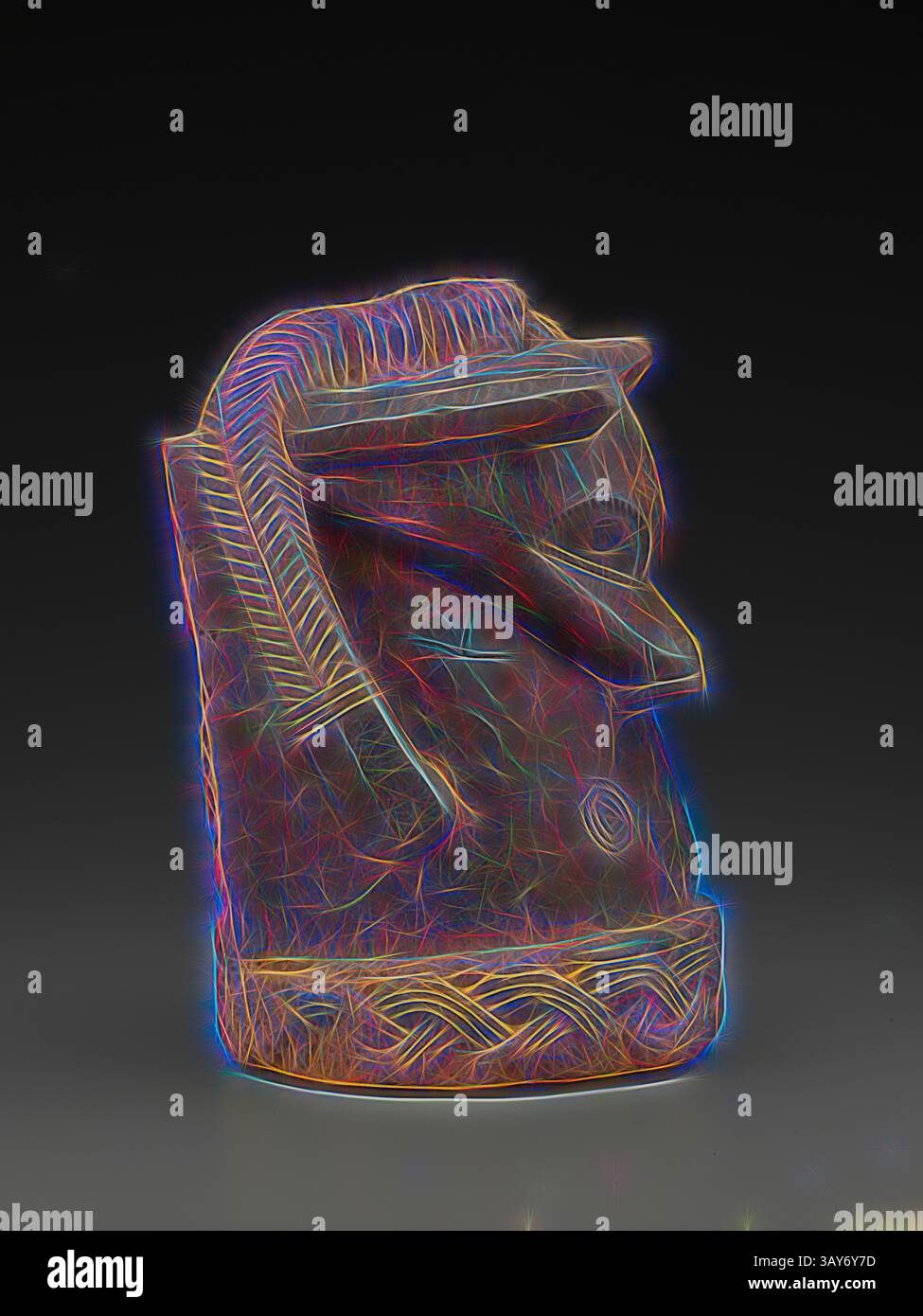 Représentation stylisée d'une sculpture traditionnelle, avec des détails complexes et des lignes abstraites qui évoquent un sens de la signification culturelle et artistique., tête de bélier autel (uhmwogho), Royaume du Bénin, peuple Edo, 20ème siècle, bois, coquille de noix de coco, H : 13-3/4 po., Art africain, Art classique avec une touche moderne réinventée par Artotop Banque D'Images