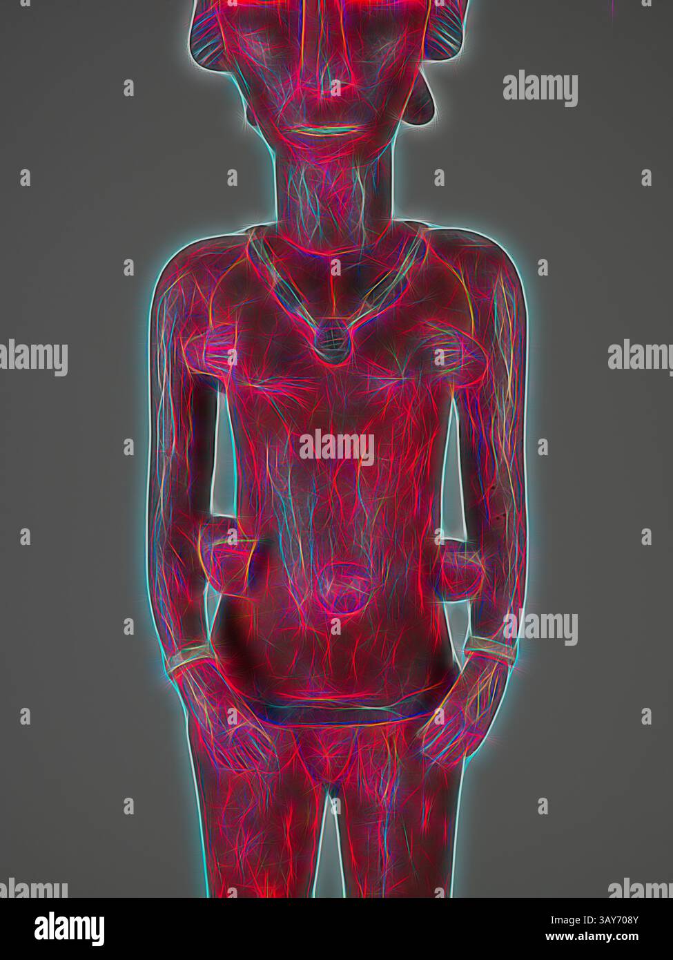 Une figure stylisée se tient en toute confiance, ornée de motifs géométriques et de contours brillants qui soulignent ses caractéristiques. La figure a des traits faciaux distincts et de multiples protubérances, suggérant une combinaison d'éléments humains et abstraits, créant un impact visuel frappant., figure mère et enfant, peuple Baga, 20ème siècle, bois, pigment, fer, 36-1/2 x 8-3/4 x 10 po., Art africain, Art classique avec une touche moderne réinventée par Artotop Banque D'Images