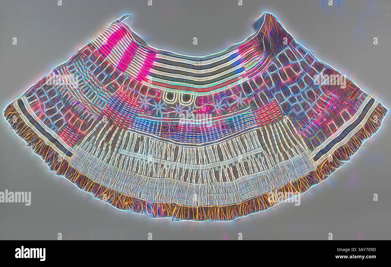 Un vêtement magnifiquement conçu avec des motifs complexes et des couleurs éclatantes, caractérisé par son design fluide et ses franges détaillées. Le textile présente un mélange d'art et de signification culturelle, mettant en valeur l'artisanat traditionnel., jupe pour jeune femme, peuple irakw, 1940-1980, perles de cuir, verre et laiton, cloches en métal, 35 x 67-1/2 po., Art africain, Art classique avec une touche moderne réinventée par Artotop Banque D'Images