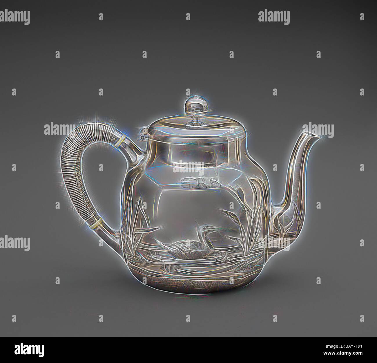 Une théière au design complexe avec des détails ornementaux, y compris une scène sereine avec un canard et un feuillage stylisé. La poignée bénéficie d'un aspect texturé et tissé, améliorant son esthétique élégante., théière, Dominick & Haff, fabricant (américain), Giles Brothers and Company, détaillant (américain), 1881, argent, ivoire, 6-3/8 x 9 x 5 po., inscrit, côté : E.R.S. estampillé, dessous : 116 estampillé, dessous : STERLING estampé, DESSOUS : GILES BROS & CO. Estampillé, dessous : 925 [dans un rectangle] [contour d'un cercle] 1, 8, 8, 1 [dans un carré tourné sur un angle de 45 degrés], Arts décoratifs, Art classique Banque D'Images