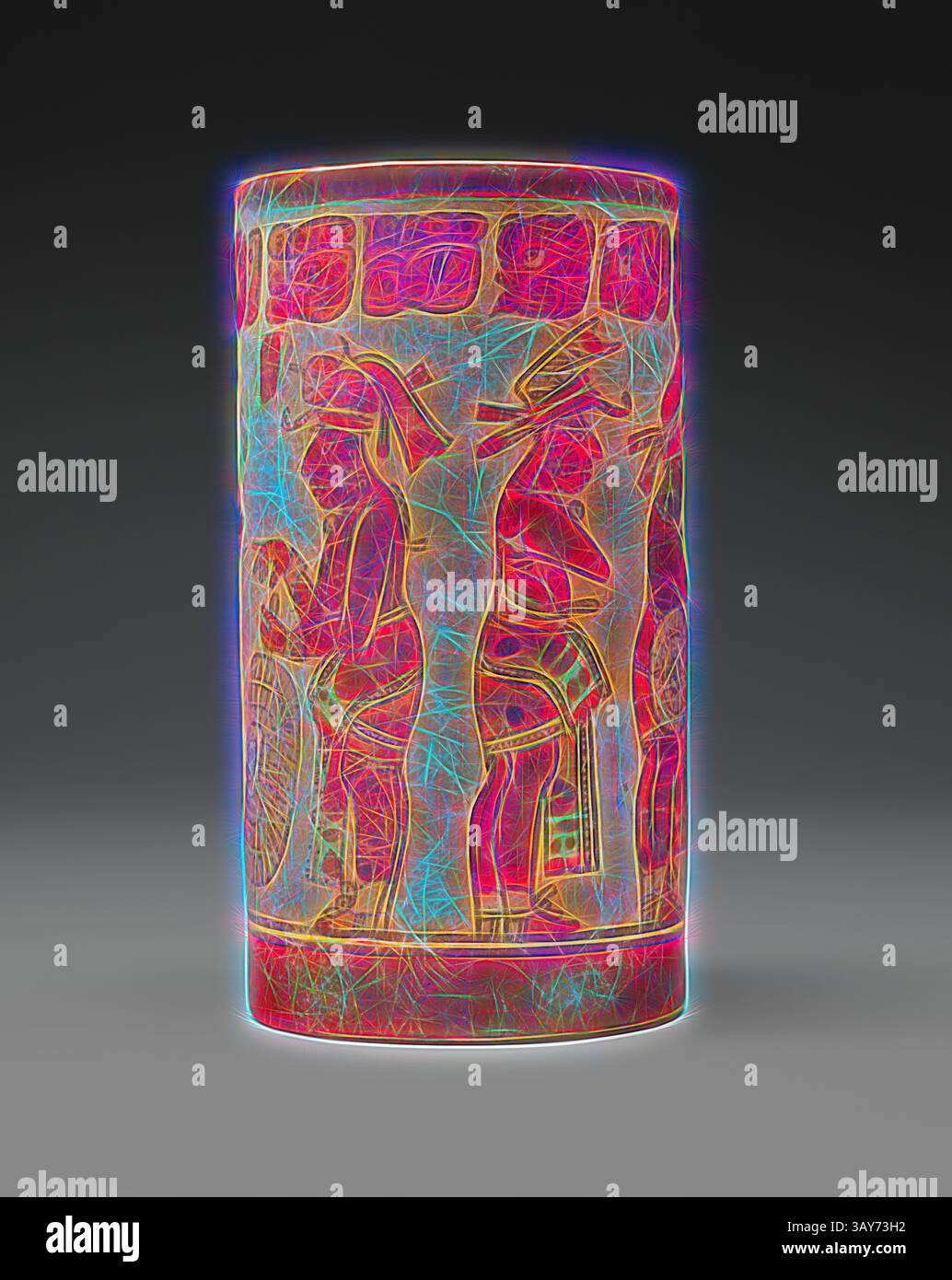 Un artefact cylindrique présentant des gravures complexes de personnages engagés dans diverses activités, mis en évidence par des contours de néon vibrants qui soulignent leurs formes et leurs détails. La conception reflète la narration culturelle à travers des poses dynamiques et des vêtements traditionnels., vase cacao, culture maya, 600-900, faïence peinte, 10 x 5-1/4 (diam.) In., glyphes mayas en haut., Arts autochtones des Amériques, Art classique avec une touche moderne réinventée par Artotop Banque D'Images