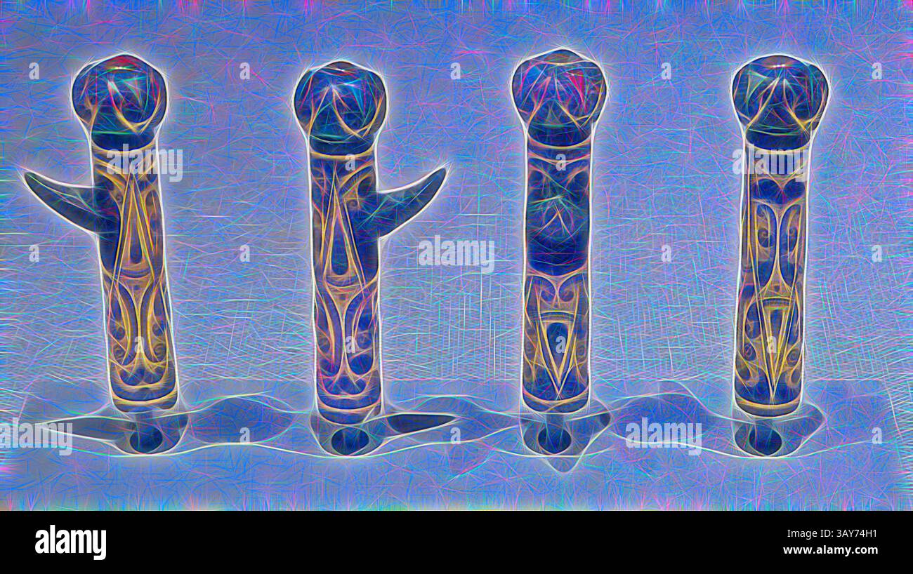 Une série de figures abstraites ornées se dressent dans une ligne, mettant en valeur des motifs complexes et des motifs colorés sur un fond doux et dynamique. Chaque figure est unique, avec des formes distinctes et des embellissements qui évoquent un sens de l'élégance artistique et de la créativité., se termine pour les entretoises de parapluie, dynastie Han occidentale, dynastie Han occidentale, environ 150 avant J.C. E., bronze avec or, agate, incrustation turquoise, 2-3/4 x 1-1/8 x 1/16 po., Art asiatique, Art classique avec une touche moderne réinventée par Artotop Banque D'Images