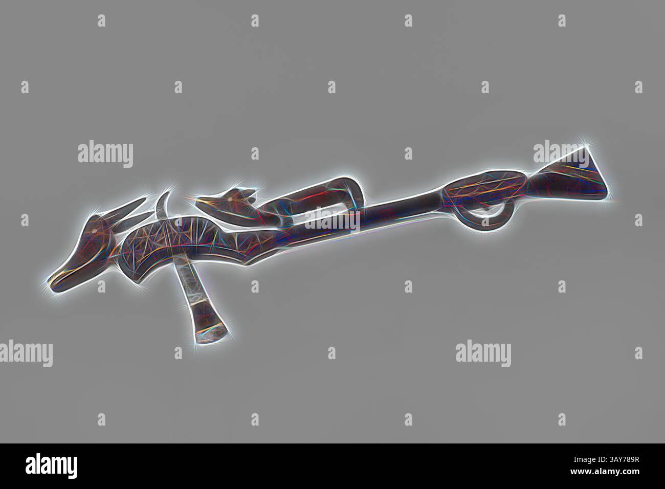 Un design d'arme stylisé et complexe avec des formes angulaires et un motif de dragon mythique, mis en évidence par un contour lumineux pour souligner ses détails artistiques., hache de prestige de l'homme sous la forme d'un fusil et d'animaux, Mwera, début du XXe siècle, bois, ivoire ou incrustations d'os avec lame de fer, 30 x 9-3/4 x 1-1/4 po., Art africain, Art classique avec une touche moderne réinventée par Artotop Banque D'Images