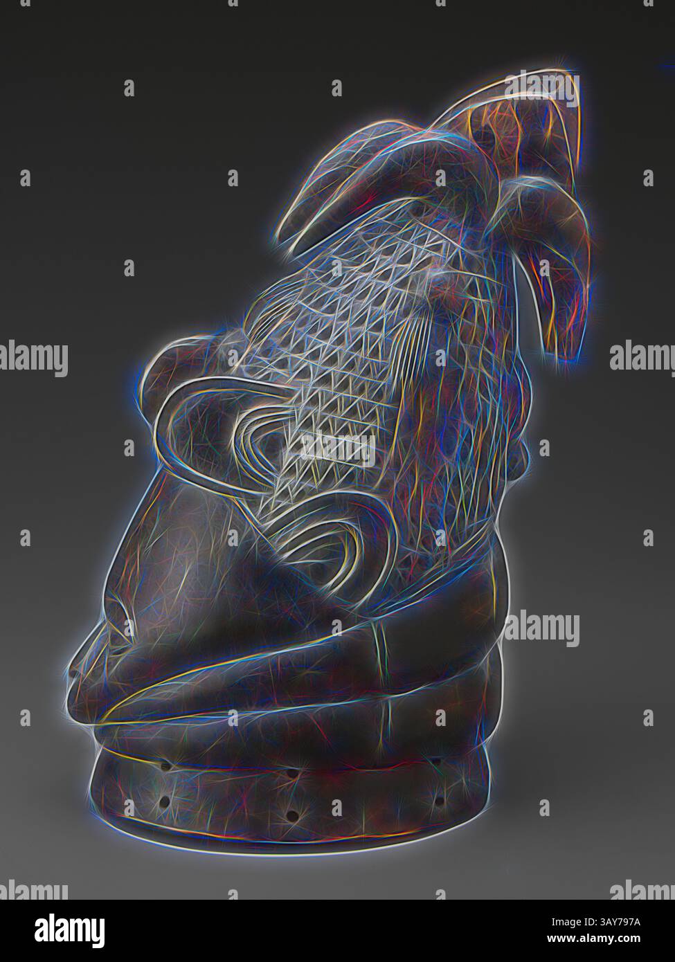 Un artefact stylisé avec des motifs et des textures complexes, avec une tête proéminente et des courbes élégantes, évoquant un sens de la signification culturelle et artistique., masque de casque pour l'association Sande, Mende People, 20ème siècle, bois, pigment, 15-1/8 x 6-3/4 x 11 po., Art africain, Art classique avec une touche moderne réinventée par Artotop Banque D'Images