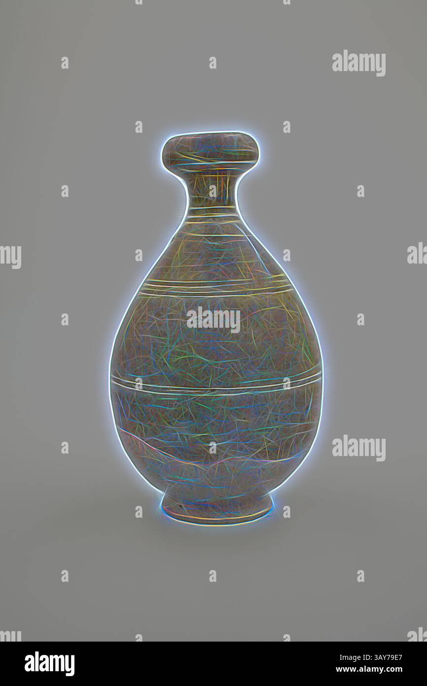 Un pot en céramique stylisé avec un corps arrondi et un col étroit, avec des motifs complexes et des contours vibrants qui créent un effet visuel frappant., bouteille avec bouche en tête d'ail, dynastie Sui, dynastie Sui, environ 600, grès avec glaçage, 7-1/4 po (Hauteur), Art asiatique, Art classique avec une touche moderne réinventée par Artotop Banque D'Images