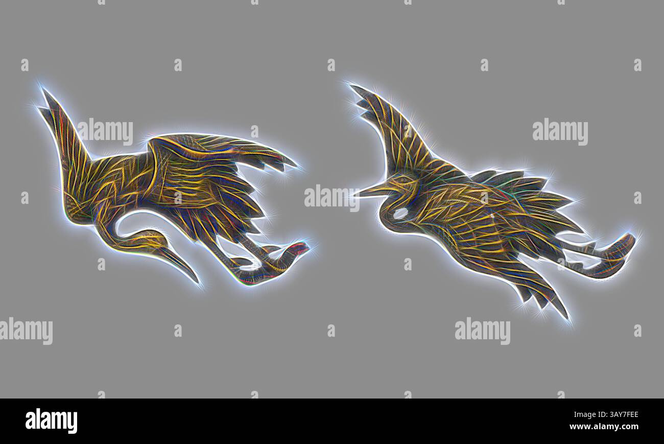 Deux oiseaux stylisés en plein vol, l'un avec des ailes déployées et l'autre plongeant gracieusement. Leurs motifs complexes et leurs couleurs vibrantes créent un contraste visuel saisissant et dynamique sur un fond discret., couvre-tête de clou : paire de cigognes volantes, bronze, 3-3/4 po., Art asiatique, Art classique avec une touche moderne réinventée par Artotop Banque D'Images