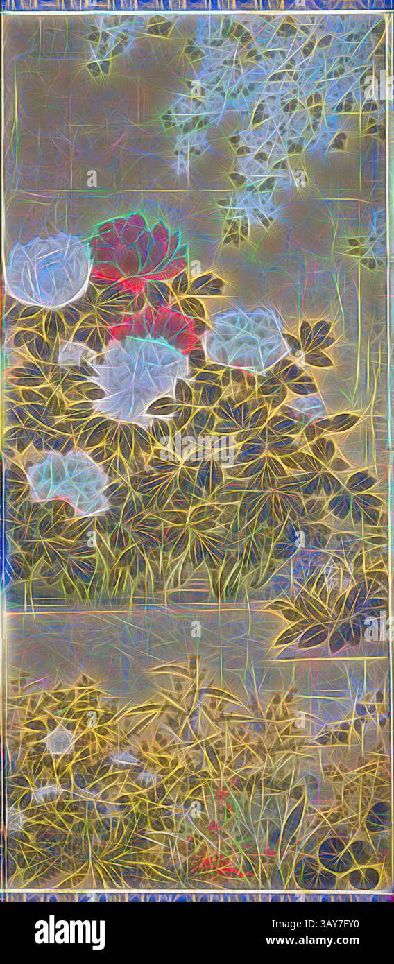 Un spectacle vibrant de fleurs entourées de verdure luxuriante, avec des motifs et des couleurs complexes créant un effet artistique qui met en valeur la beauté de la nature., fleurs et papillons, École de Tawaraya Så tatsu (japonais), Edo, 1730-1770, encre, couleur et feuille d'or sur papier, 51-3/4 x 20-1/2 po. (4 panneaux intérieurs, chaque écran) 51-3/4 x 21-5/8 po. (2 panneaux d'extrémité, chaque écran) 51-3/4 x 125-1/4 po. (Global), Art asiatique, Art classique avec une touche moderne réinventée par Artotop Banque D'Images