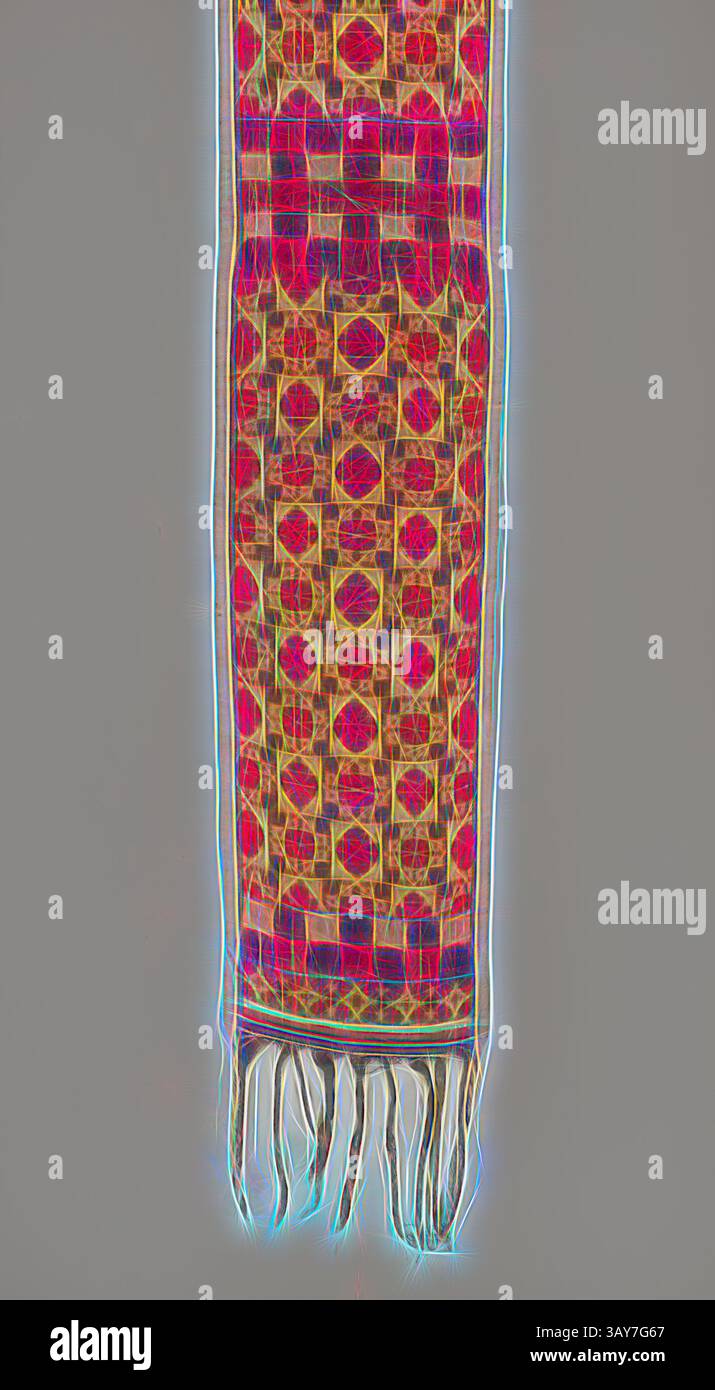Un textile vibrant affiche un motif complexe de motifs géométriques et de couleurs vives, avec des bords frangés ajoutant une touche d'élégance., emballage cérémonial, fin du 19ème siècle - début du 20ème siècle, coton, 62 x 8-1/2 po., textile et Arts de la mode, art classique avec une touche moderne réinventé par Artotop Banque D'Images