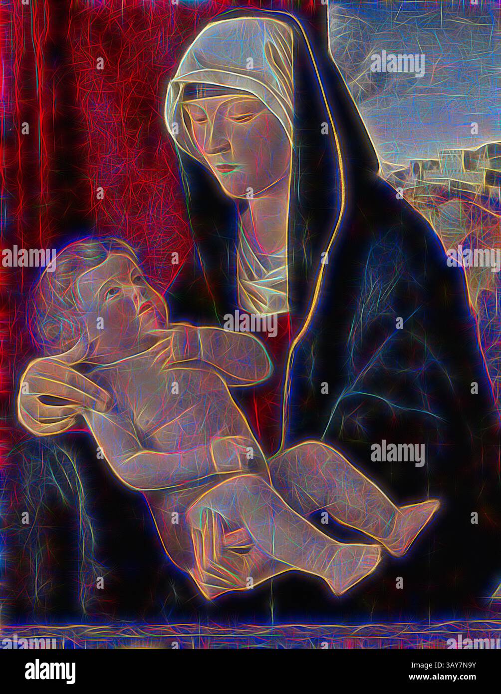 Une représentation sereine d'une figure nourrissante berçant un enfant, incarnant des thèmes d'amour et de protection, dans un contexte qui évoque un monde plus vaste au-delà., Madone et enfant, Atelier de Giovanni Bellini (italien, 1430-1516), vers 1510-1515, tempera et huile sur bois, 21 x 16-1/2 po., peinture et sculpture européennes avant 1800, art classique avec une touche moderne réinventée par Artotop Banque D'Images