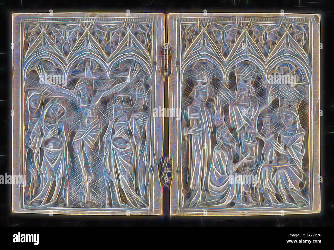 Une scène médiévale magnifiquement complexe représentant des figures dans un arrangement dramatique, illustrant peut-être un récit biblique ou un événement historique, encadré par des détails architecturaux ornées., Diptyque : crucifixion et Épiphanie, 1375-1400, ivoire, matériel métallique, 3-1/4 x 4-3/4 x 3/8 po. (Chacun), peinture et sculpture européennes avant 1800, Art classique avec une touche moderne réinventé par Artotop Banque D'Images