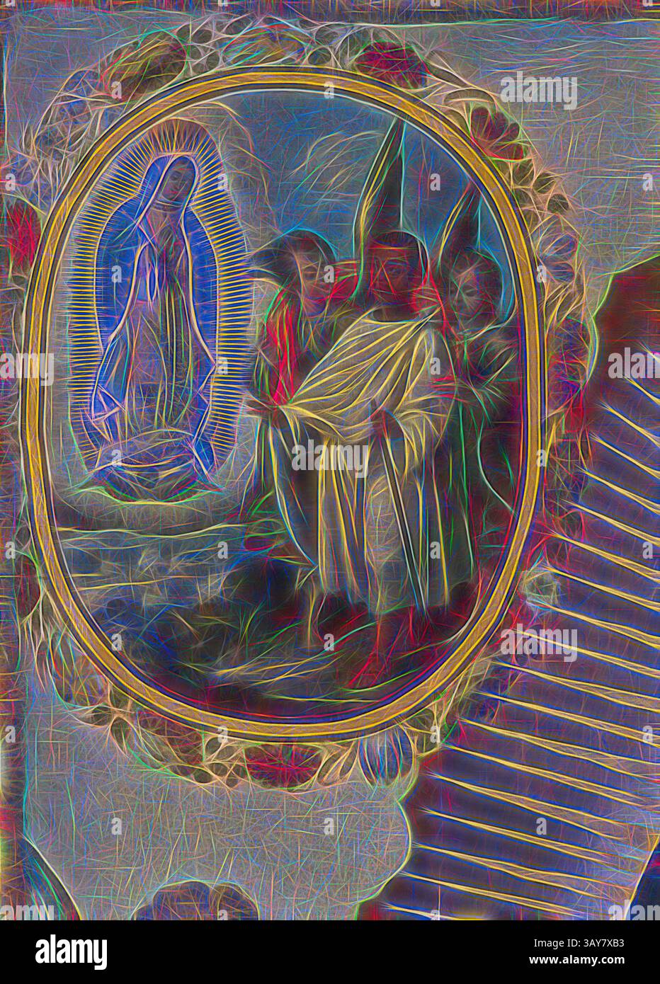 Représentation stylisée d'une scène religieuse avec une figure de la Vierge Marie entourée de trois figures, placées dans un cadre circulaire orné, soulignant un sentiment de vénération et de spiritualité à travers des couleurs vives et des détails complexes., Vierge de Guadalupe, vers 1700, huile sur toile, 82-11/16 x 54-5/16 po., peinture et sculpture européennes avant 1800, art classique avec une touche moderne réinventée par Artotop Banque D'Images