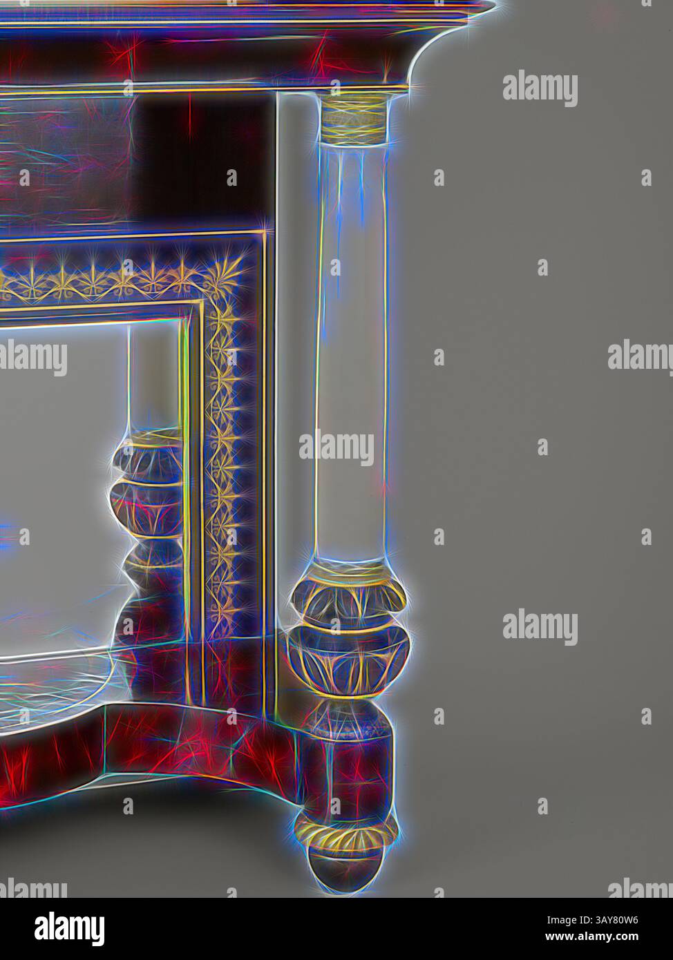 Une table au design complexe avec des détails ornés et des pieds élégamment sculptés, mettant en valeur un mélange de savoir-faire classique et de flair artistique. Les textures riches et les motifs fins soulignent le savoir-faire artisanal impliqué dans sa création., table de jetée, attribuée à Anthony Gabriel Quervelle (américain, 1789-1856), vers 1830, acajou, bois de rose, entrejambe acajou, érable, peuplier tulipe, pin blanc dur, albâtre, marbre, bronze doré, pochoir doré, 38-5/8 x 40-1/4 x 19-5/8 po., Arts décoratifs, Art classique avec une touche moderne réinventée par Artotop Banque D'Images