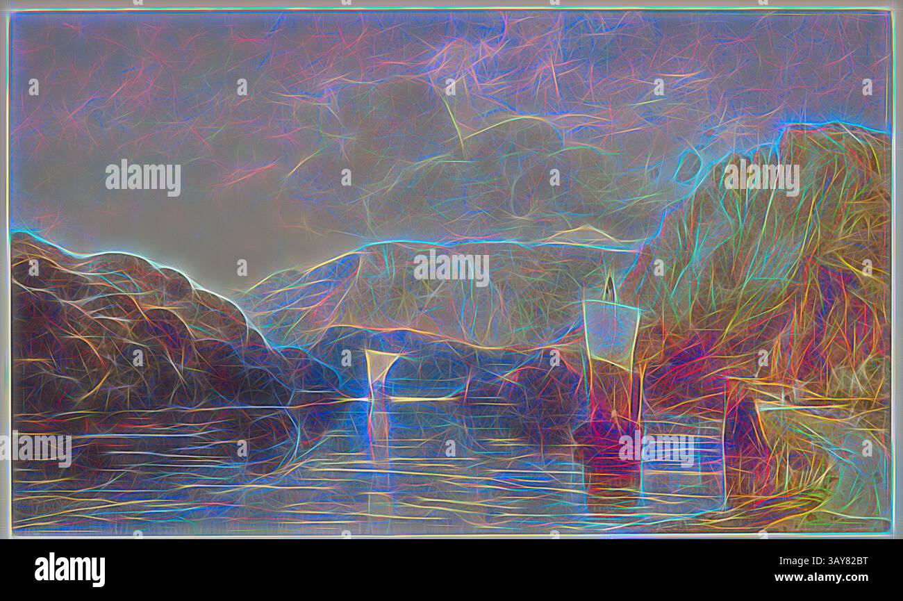 Un paysage serein avec des montagnes spectaculaires flanquant un plan d'eau tranquille, avec des lignes abstraites et vibrantes et des couleurs s'entrelacant pour créer une atmosphère onirique. La scène transmet un sentiment de calme et de beauté naturelle, invitant le spectateur à explorer ses qualités éthérées., sablage de Vincent's Rock, Clifton, John Sell Cotman (British, 1782-1842), vers 1830, aquarelle avec des touches de gomme arabique au crayon sur papier blanc cassé, 13-1/2 x 22-3/4 po., art classique avec une touche moderne réinventée par Artotop Banque D'Images