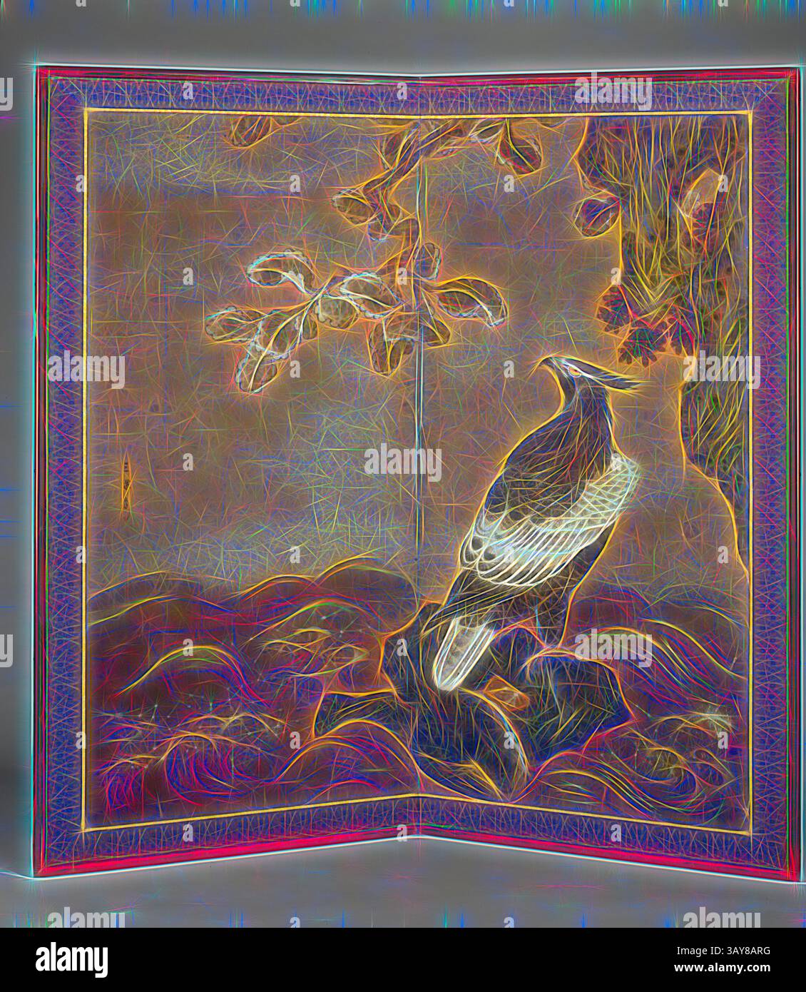 Représentation stylisée d'un oiseau perché sur un rocher au milieu d'un environnement abstrait et coloré, avec des notes de feuillage et des formes fluides qui évoquent un sentiment de nature et de tranquillité., Aigle et chêne, Kano Sanraku (japonais, 1559-1635), Edo, 1650-1800, encre et couleur sur papier, 67-1/4 x 33-5/8 po. (Chaque panneau), Art asiatique, Art classique avec une touche moderne réinventée par Artotop Banque D'Images