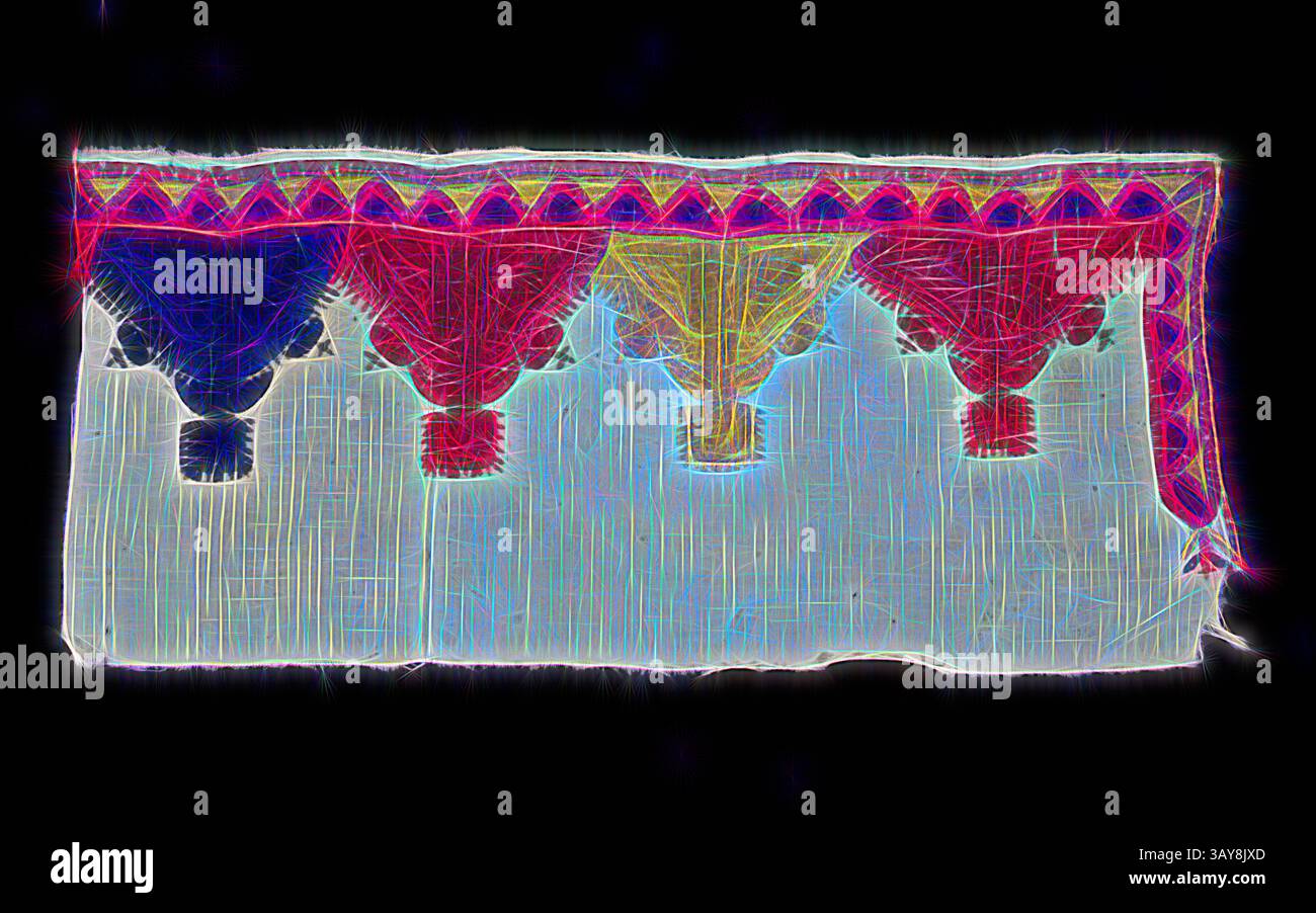 Un textile vibrant avec des motifs complexes et des éléments décoratifs, caractérisé par une palette de couleurs audacieuses et un design unique qui met en valeur l'artisanat traditionnel., fragment de tissu d'ameublement, marocain, début des années 1800, coton brodé avec soie, 9 x 19-3/4 po., textile et Arts de la mode, art classique avec une touche moderne réinventée par Artotop Banque D'Images