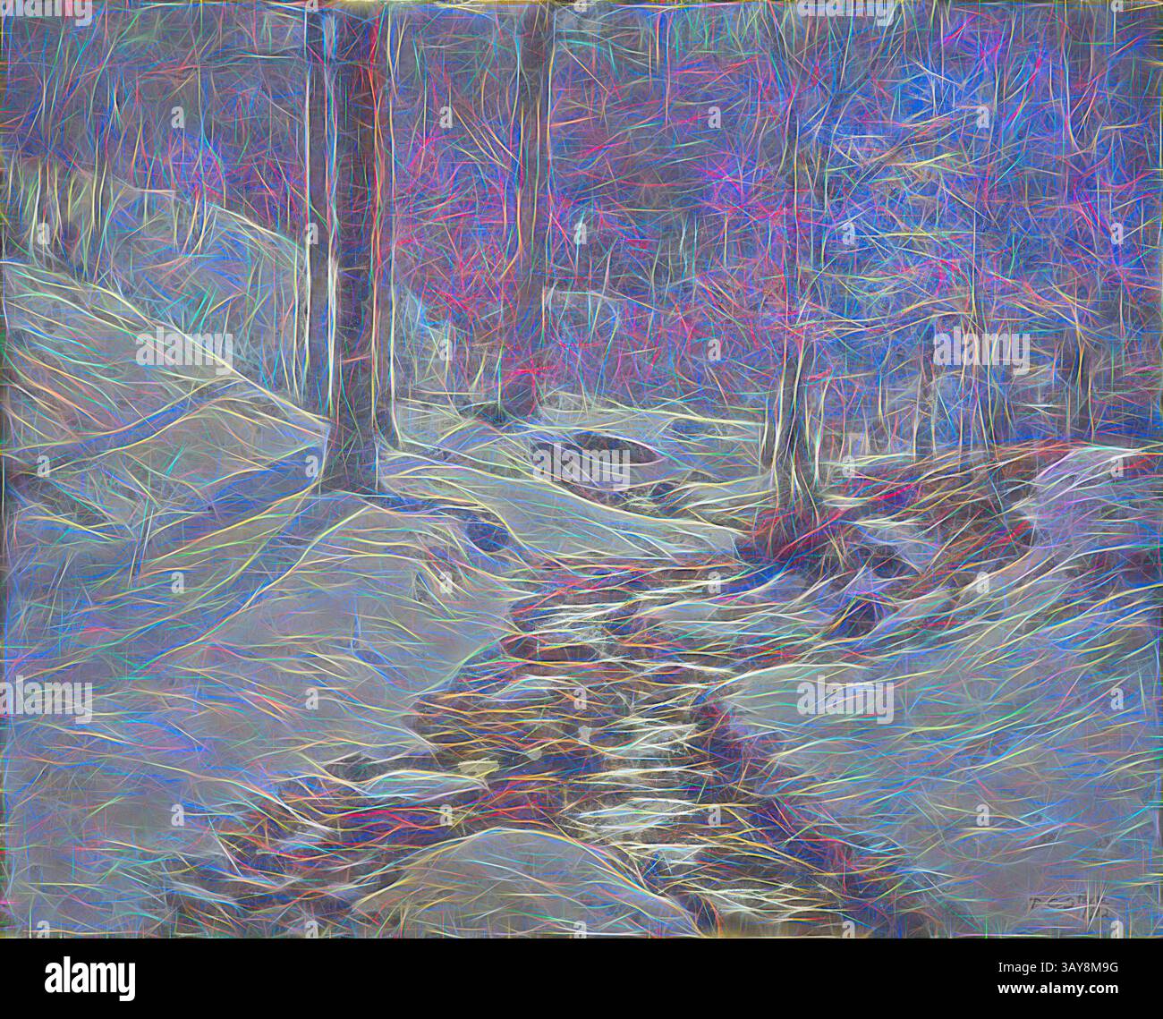 Un paysage hivernal serein présente un ruisseau sinueux flanqué de collines enneigées doucement et d'arbres ornés de teintes vibrantes, créant une atmosphère éthérée qui capture la beauté de la nature dans un état onirique., lumière du soleil d'hiver, Theodore Clément Steele (américain, 1847-1926), 1912, huile sur toile, 35-1/2 x 43-1/4 po. (Canvas), signé et daté, L.r. : T C Steele, 1912, peinture et sculpture américaine à 1945, Art classique avec une touche moderne réinventé par Artotop Banque D'Images