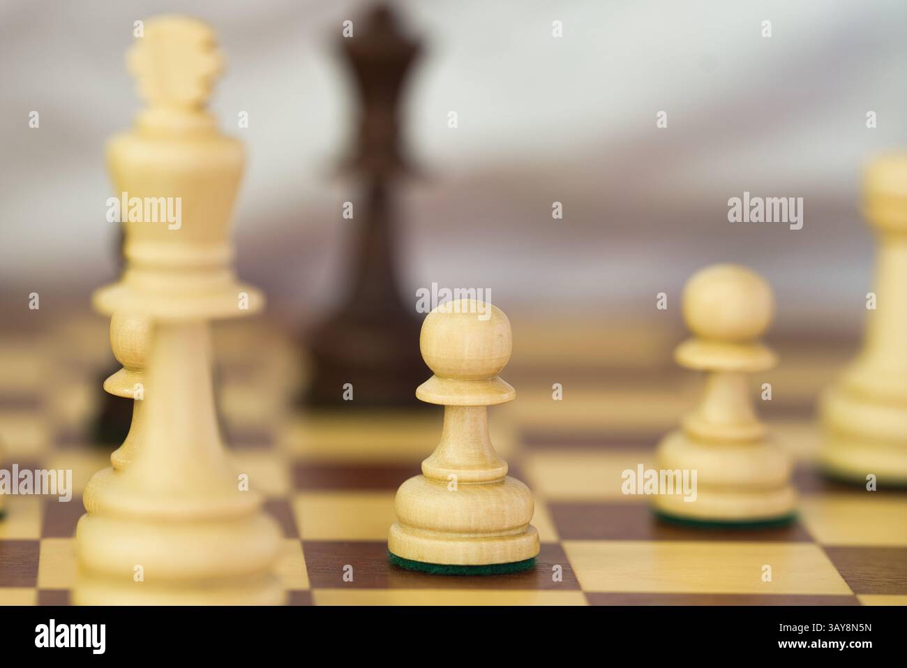 jeu d'échecs, figures blanches et noires et pions sur l'échiquier, gameplay Banque D'Images
