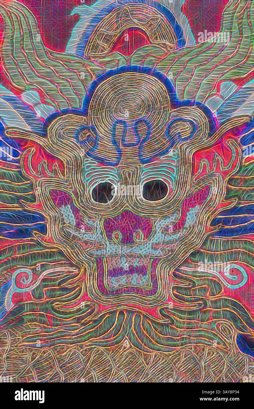Une représentation vibrante et complexe d'un dragon mythique avec des caractéristiques exagérées, entouré de motifs tourbillonnants colorés qui renforcent son expression féroce. Des éléments du folklore et de la fantaisie se réunissent, créant une expérience visuelle captivante., manteau de mariée, dynastie Qing, dynastie Qing, vers 1870, damassé en soie, brodé de fils de soie, 19-7/8 x 19 po., textile et Arts de la mode, Art classique avec une touche moderne réinventée par Artotop Banque D'Images