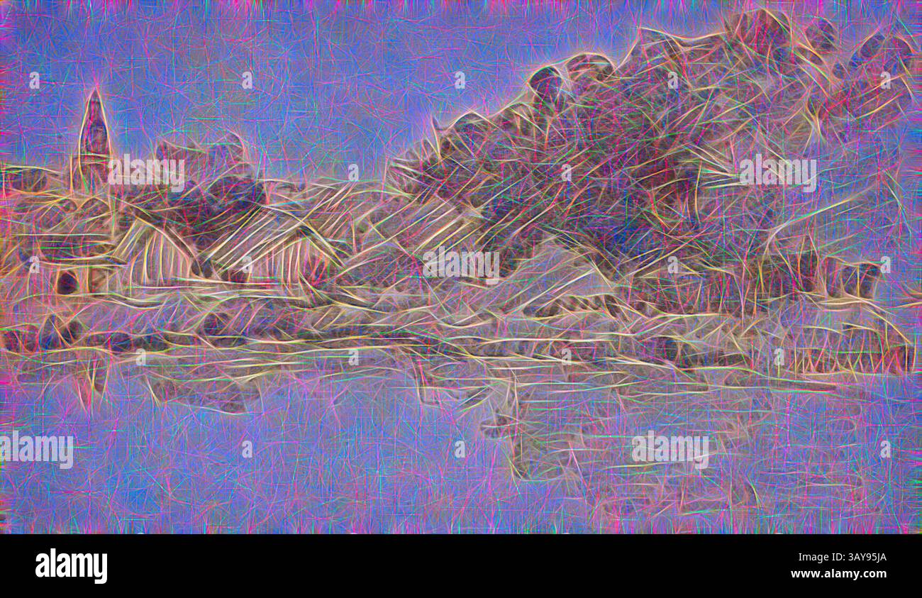 Un paysage vibrant et abstrait avec une berge sereine, avec des arbres stylisés et un clocher lointain s'élevant contre un ciel coloré, créant une atmosphère onirique., Brookville, William J. Forsyth (américain, 1854-1935), 1888-1891, crayon sur papier blanc cassé, série, Nuremberg - Holland - Indiana Sketchbook, Art classique avec une touche moderne réinventé par Artotop Banque D'Images