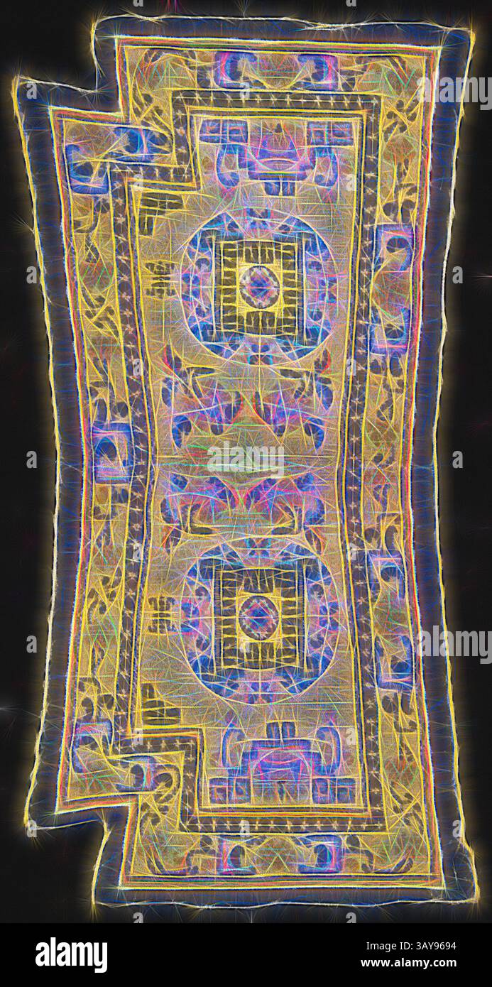 Un design complexe avec des motifs géométriques audacieux et des couleurs vibrantes entrelacées avec des lignes délicates, créant une tapisserie visuelle fascinante qui capture l'œil., tapis de selle, 1800-1825, laine, coton, 53-1/16 x 26-1/4 po., textile et arts de la mode, art classique avec une touche moderne réinventée par Artotop Banque D'Images