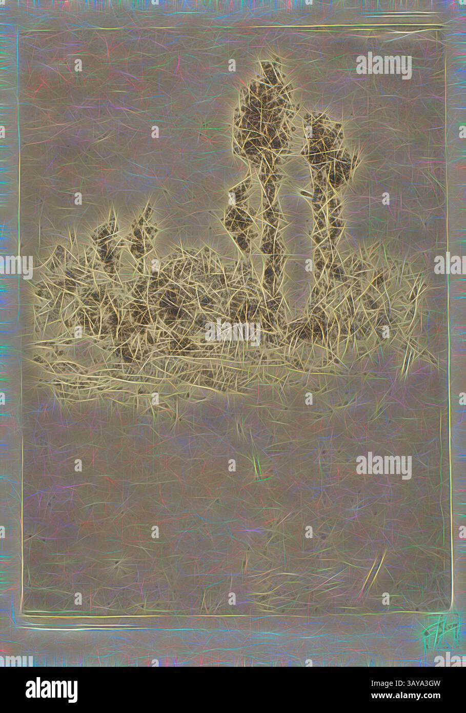 Un paysage serein avec de grands arbres élancés sur un fond doux et texturé, créant une atmosphère onirique. La scène évoque un sentiment de calme et de tranquillité, invitant à la contemplation et à la réflexion., paysage avec arbres, Robert Frederick Blum (américain, 1857-1903), 1980-1990, encre sur papier, 9-1/4 x 6-3/4 po. (image) 12-1/2 x 9-1/2 po. (Feuille), estampillé en rouge ci-dessous l'image L.R. : Blum, art classique avec une touche moderne réinventée par Artotop Banque D'Images