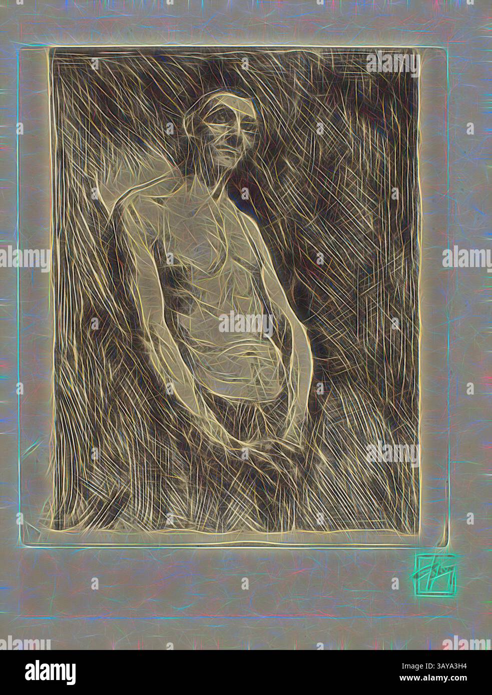 Une figure frappante se tient dans une pose contemplative, avec des lignes allongées et une texture unique ajoutant de la profondeur à la composition. L'arrière-plan contrasté renforce la présence du sujet, créant un sentiment d'introspection et d'émotion., figure d'un homme, Robert Frederick Blum (américain, 1857-1903), 1980-1990, encre sur papier, 6-3/8 x 5 po. (image) 13 x 9-1/2 po. (Feuille), estampillé en rouge ci-dessous l'image L.R. : Blum, art classique avec une touche moderne réinventée par Artotop Banque D'Images