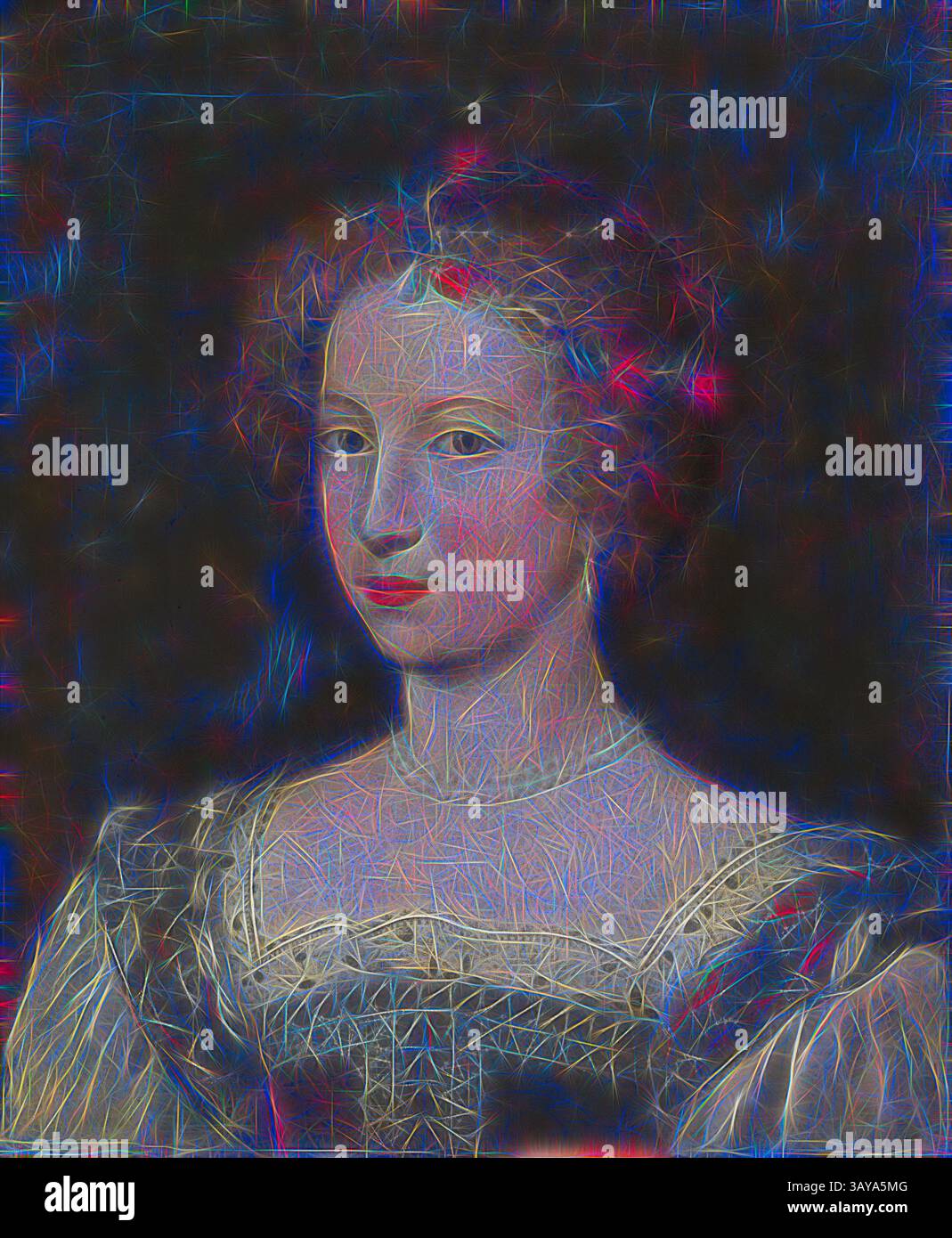 Une femme royale regarde avec soin, ornée d'une tenue historique avec des détails complexes. Ses cheveux sont élégamment coiffés, encadrant une expression qui allie calme et introspection sur un fond sombre. L'esthétique globale présente des motifs vibrants et tourbillonnants qui ajoutent une qualité abstraite à son portrait., Portrait d'une dame, inconnu, vers 1650, huile sur toile, 20 x 16-3/4 po., peinture et sculpture européennes avant 1800, Art classique avec une touche moderne réinventée par Artotop Banque D'Images
