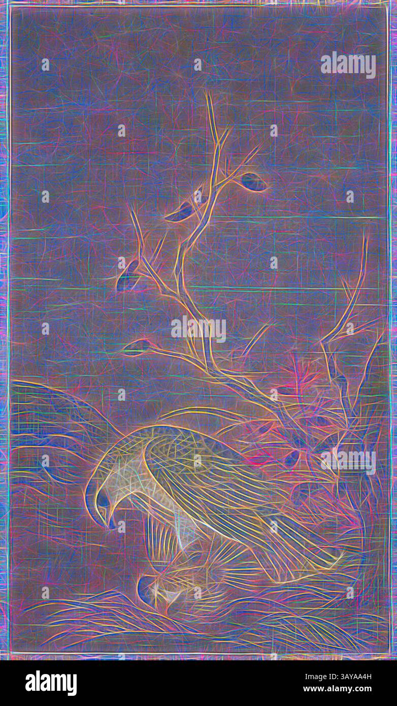Une représentation artistique d'un oiseau perché près d'une branche, entouré de motifs complexes et vibrants qui ajoutent une qualité onirique à la scène., faucon capturant un moineau, attribué à Ren Renfa (chinois, 1254-1327), dynastie Yuan, début des années 1300, encre et couleur sur soie, 19-3/8 x 11-3/8 po. (image) 53 x 17-1/2 po. (Mount), 2 sceaux de Ren Renfa, 1254-1327, on peut lire : Yueshan daoren, Asian Art, Art classique avec une touche moderne réinventée par Artotop Banque D'Images