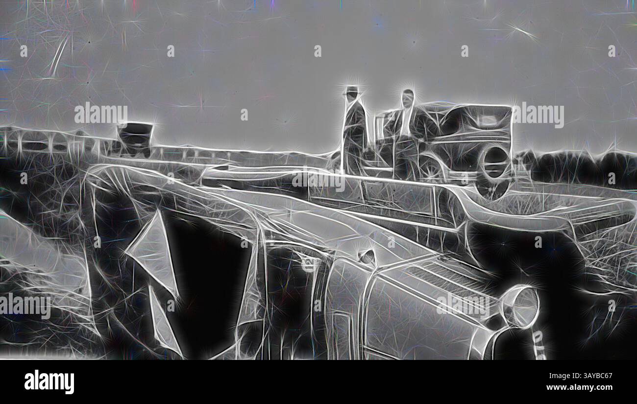 Une voiture d'époque se renverse dans un paysage rural, tandis que deux personnages se tiennent à proximité, surveillant la scène. Le décor transmet un sentiment de nostalgie et de malaise, capturant un moment d'accident et de curiosité., négatif - Narre Warren, Victoria, 1934, une voiture renversée dans un fossé. Deux hommes se tiennent à côté d'une deuxième voiture sur la route, une troisième voiture est au loin., Art classique avec une touche moderne réinventée par Artotop Banque D'Images