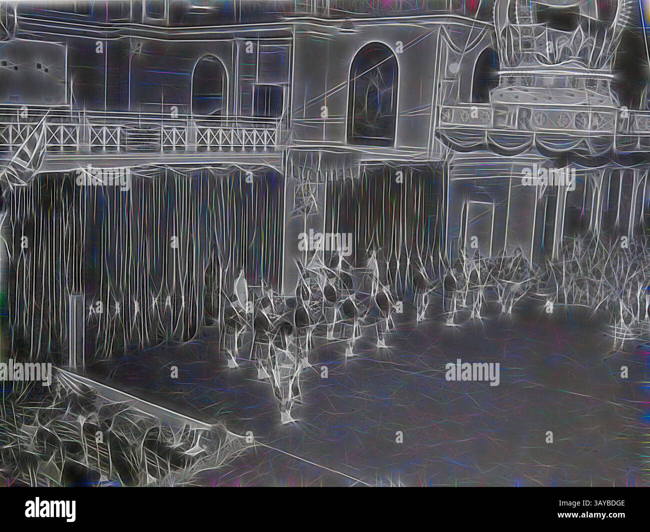 Un grand intérieur de théâtre avec une architecture ornée avec une scène, des rideaux drapés et un public animé se préparant à une représentation., photographie numérique - bande de cornemuse se produisant lors des célébrations du couronnement de la reine Elizabeth II, Exhibition Building, Carlton, 1954, image numérique en noir et blanc d'une représentation de cornemuse tenue dans le Exhibition Building, Melbourne, dans le cadre des célébrations du couronnement de la reine Elizabeth II en 1954. Une scène a été érigée dans le transept sud du bâtiment sur lequel la bande se produit, et au-dessus d'eux une grande couronne marquée er II peut être vue Banque D'Images