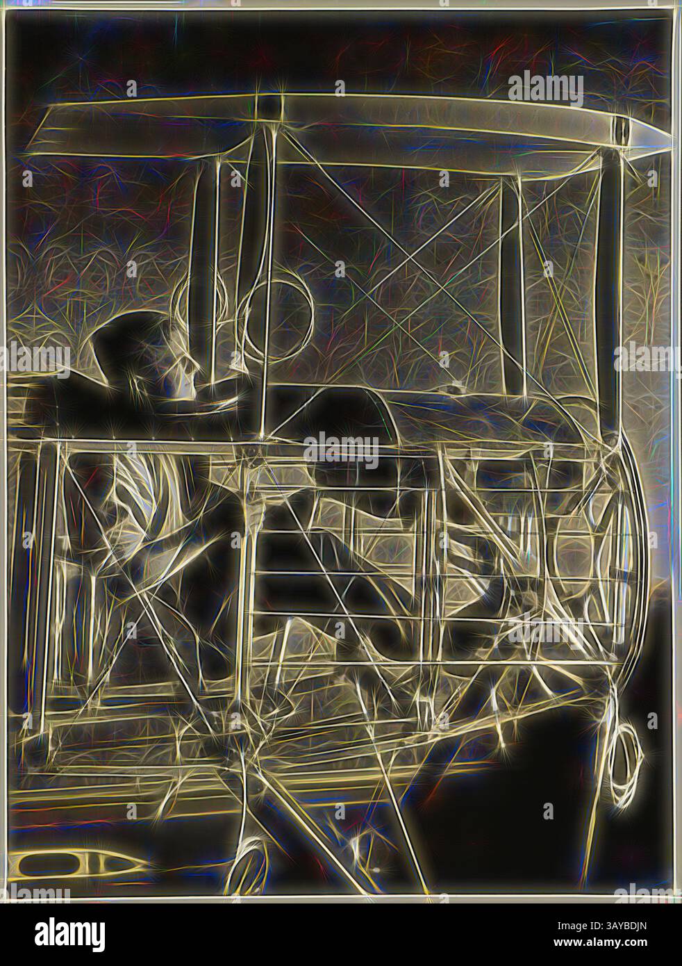 Un biplan vintage présente un pilote confortablement assis dans le cockpit, prêt pour l'aventure. Le cadre complexe de l'avion est mis en évidence, soulignant son design classique et le sens de la nostalgie associé aux débuts de l'aviation., photographie - Basil Watson assis dans le cockpit du fuselage biplan partiellement construit dans la maison familiale, Elsternwick, Victoria, 1916, partie d'un album photographique commémoratif produit par Sears' Studios, Melbourne, documentant le travail de Basil Watson dans la construction d'un biplan à la maison familiale 'Foilacleugh' à Elsternwick, Victoria, en 1916, et Banque D'Images