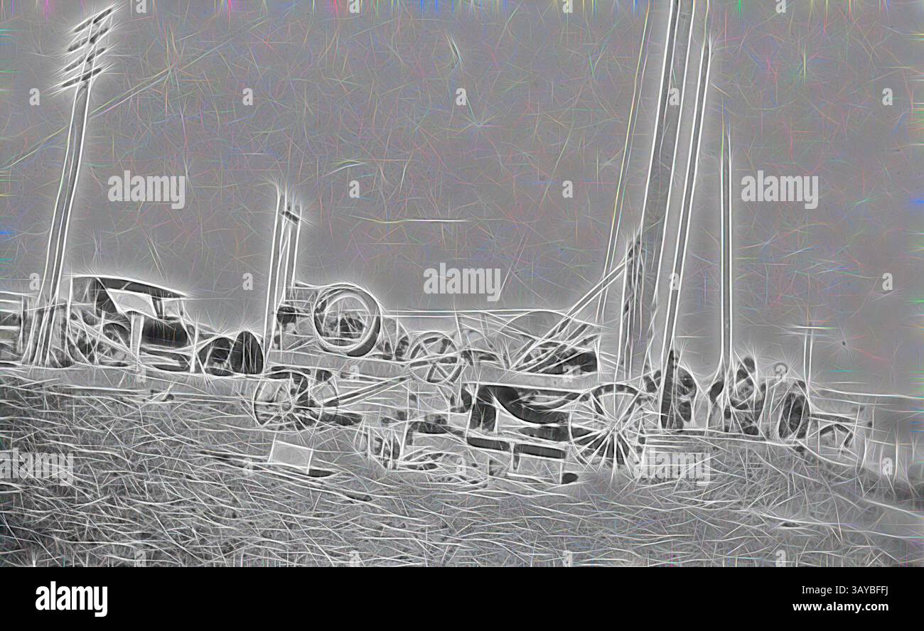 Un groupe d'individus se tient près d'une collection de véhicules et d'équipements vintage, entouré de hauts poteaux et d'un vaste paysage ouvert, créant une atmosphère riche en histoire et en nostalgie., négatif - ennuyeux pour l'eau, Hopetoun, Victoria, février 1927, 'ennuyer pour l'eau..' (Le titre apparaît sur l'image originale)., Art classique avec une touche moderne réinventée par Artotop Banque D'Images