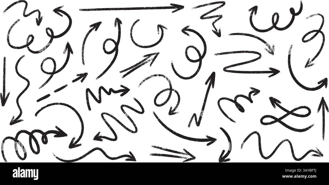 Crayon craie flèche croquis ensemble - griffonnages dessinés à la main, pointeurs, tourbillons et lignes courbes. Illustration de Vecteur
