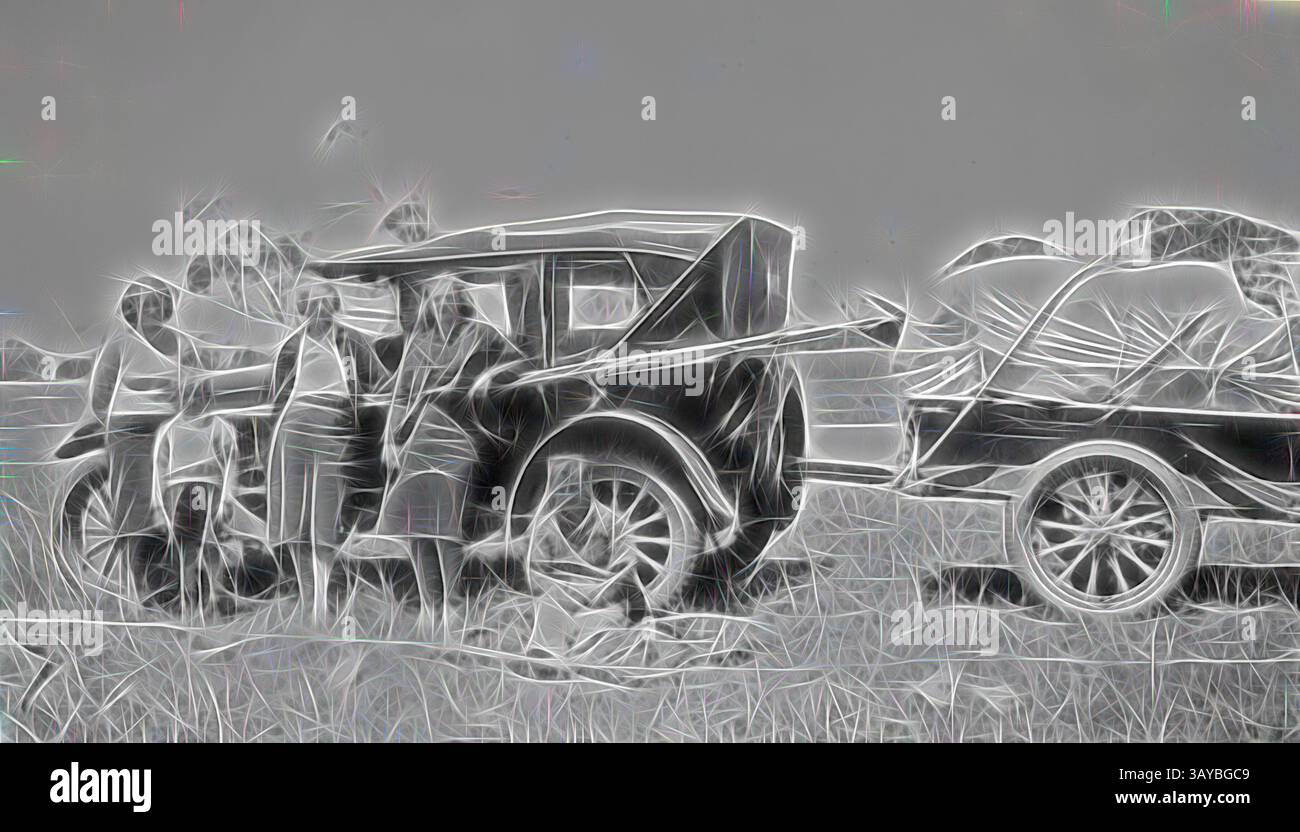 Une automobile vintage repose à côté d'un champ herbeux, entourée d'un groupe d'individus en tenue du début du XXe siècle, engagés dans la conversation. La scène capture un moment de camaraderie et de nostalgie d'une époque révolue., négatif - Apollo Bay, Victoria, circa 1925, trois femmes, un enfant et un homme avec une voiture et une remorque chargées pour le camping., Art classique avec une touche moderne réinventé par Artotop Banque D'Images