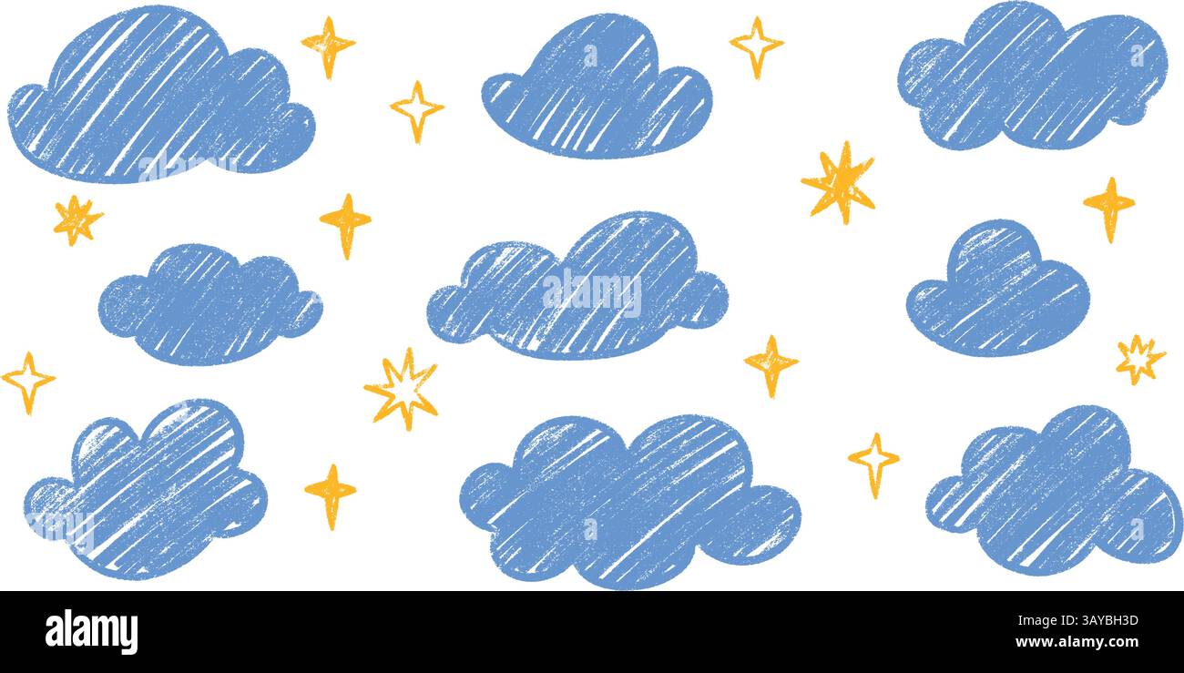 Dessins de nuage de crayon de craie Doodle Kid - cliparts de dessin animé étoilé asymétrique étoilé maladroit. Illustration de Vecteur
