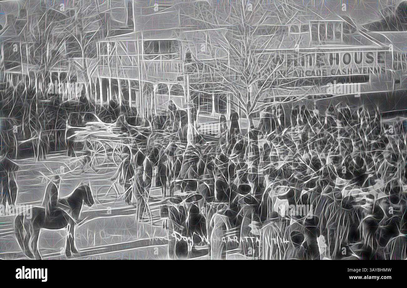 Une scène animée d'une foule rassemblée, avec des gens vêtus d'une tenue d'époque et un cheval au premier plan, sur fond de vitrines vintage et d'un arbre, évoquant un sens de l'histoire et de la communauté., négatif - Carnaval 'Wood Day' procession & Sale, Wangaratta, Victoria, juillet 1914, le Carnival Wood Day de 1914 a été organisé par le conseiller J. R. B. Brien et M. George Brien, de Grand View, Wangandary, pour recueillir des fonds pour des œuvres caritatives locales. Les agriculteurs et les coupe-bois étaient encouragés à donner des charges de bois de chauffage (et de produits), qui ont été défilés dans les rues de Wangaratta puis vendus Banque D'Images