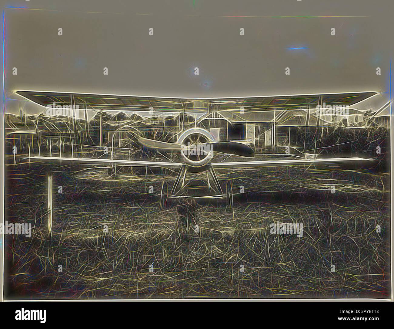Un biplan vintage se dresse sur un champ herbeux, ses ailes étendues large contre une toile de fond d'arbres et de cieux. L'avion, avec des détails de conception complexes, respire un sens de l'histoire et de l'aventure., photographie - vue de face du biplan de Basil Watson sur la pelouse arrière à l'extérieur de 'Foilacleugh', Elsternwick, Victoria, 1916, partie d'un album photographique commémoratif produit par Sears' Studios, Melbourne, documentant le travail de Basil Watson dans la construction d'un biplan à la maison de sa famille 'Foilacleugh' à Elsternwick, Victoria, en 1916, et les suites de son accident mortel que le 28 mars 1917 Banque D'Images