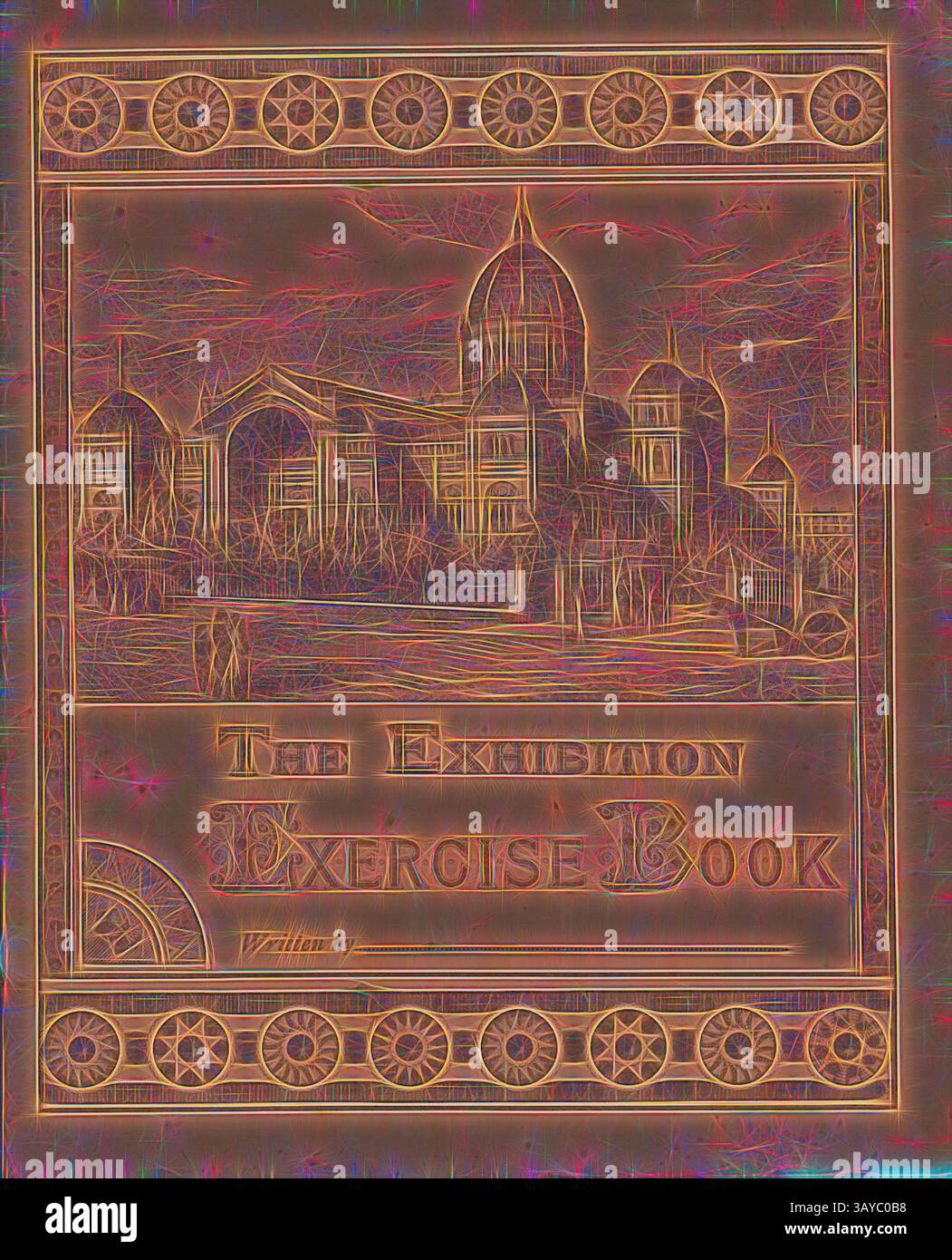 Une couverture ornée d'un paysage urbain stylisé, agrémenté de dômes et d'arches, ornés de motifs complexes et de contours éclatants. Le titre se lit « The Exemplar Exercise Book », accompagné d'une bordure décorative qui rehausse son flair artistique., Exhibition Exercise Book, circa 1890, un cahier d'exercices de la fin des années 1800 montrant le bâtiment d'exposition de Melbourne. Le livre était destiné à être utilisé par les enfants pour pratiquer l'écriture et d'autres compétences académiques., art classique avec une touche moderne réinventé par Artotop Banque D'Images