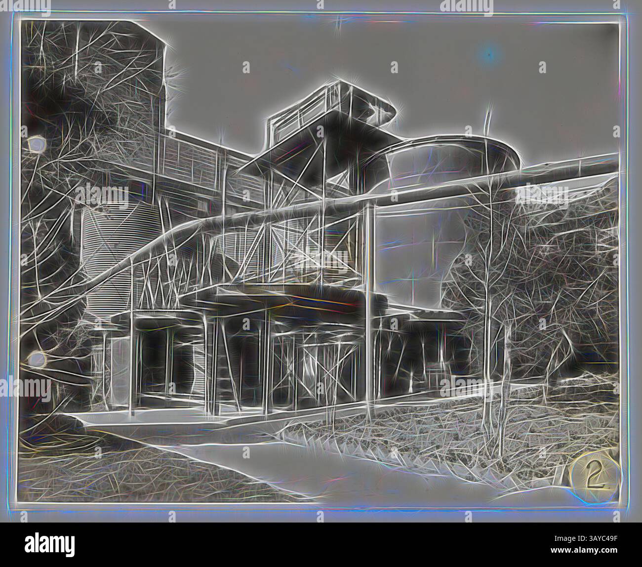 Une structure architecturale frappante avec une combinaison d'escaliers, de plates-formes et de formes cylindriques, entourées d'une végétation clairsemée. La conception met l'accent sur les lignes géométriques et les contrastes, créant un impact visuel unique., photographie, réservoirs d'eau, Abbotsford, 1938, photographie en noir et blanc de réservoirs d'eau dans le parc de l'usine Kodak Australasia Pty Ltd à Abbotsford, 1938. Fait partie d'un groupe de photographies en noir et blanc représentant les services de maintenance et les vues d'usine de l'usine Kodak Australasia Pty Ltd à Abbotsford, vers 1930 Comprend des vues intérieures du Banque D'Images