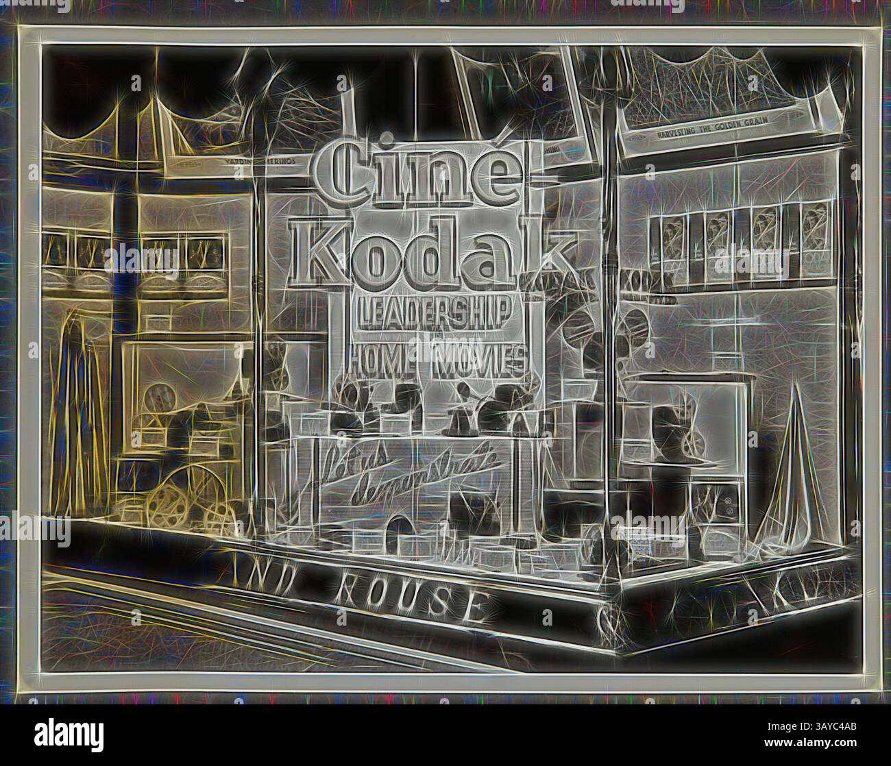 Un présentoir vintage mettant en vedette la marque Cine Kodak, présentant divers éléments et accessoires liés au film, y compris des appareils photo et des bobines de film, sur fond qui suggère une esthétique cinématographique classique. Les mots « leadership », « Home Cinéma » et le nom de la marque sont mis en évidence, soulignant l'importance du cinéma maison., photographie - Kodak, Shopfront Display, « Cine-Kodak, leadership in Home Cinéma », vers 1934-1936, Shopfront display « Cine-Kodak, leadership in Home Cinéma » montrant des appareils photo, des photographies, des accessoires photographiques et du matériel. Une des cinquante-six photographies d'un album Banque D'Images