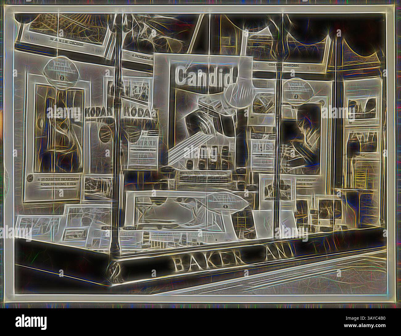 Un présentoir de vitrine présentant diverses publicités et produits, mis en valeur par une lueur artistique. Les articles sont disposés en mettant l'accent sur les fournitures de photographie et les pâtisseries, créant un jeu intrigant de formes et de lignes., photographie - Kodak, Shopfront Display, « Go Candid », vers 1934-1936, présentoir « Go Candid » montrant des appareils photo, des photographies, des accessoires et de l'équipement photographiques. L'une des cinquante-six photographies d'un album représentant les vitrines de Kodak Australasia Pty Ltd du milieu des années 1930 Windows présentait généralement des promotions de produits pour les films ou les appareils photo, ainsi que Banque D'Images