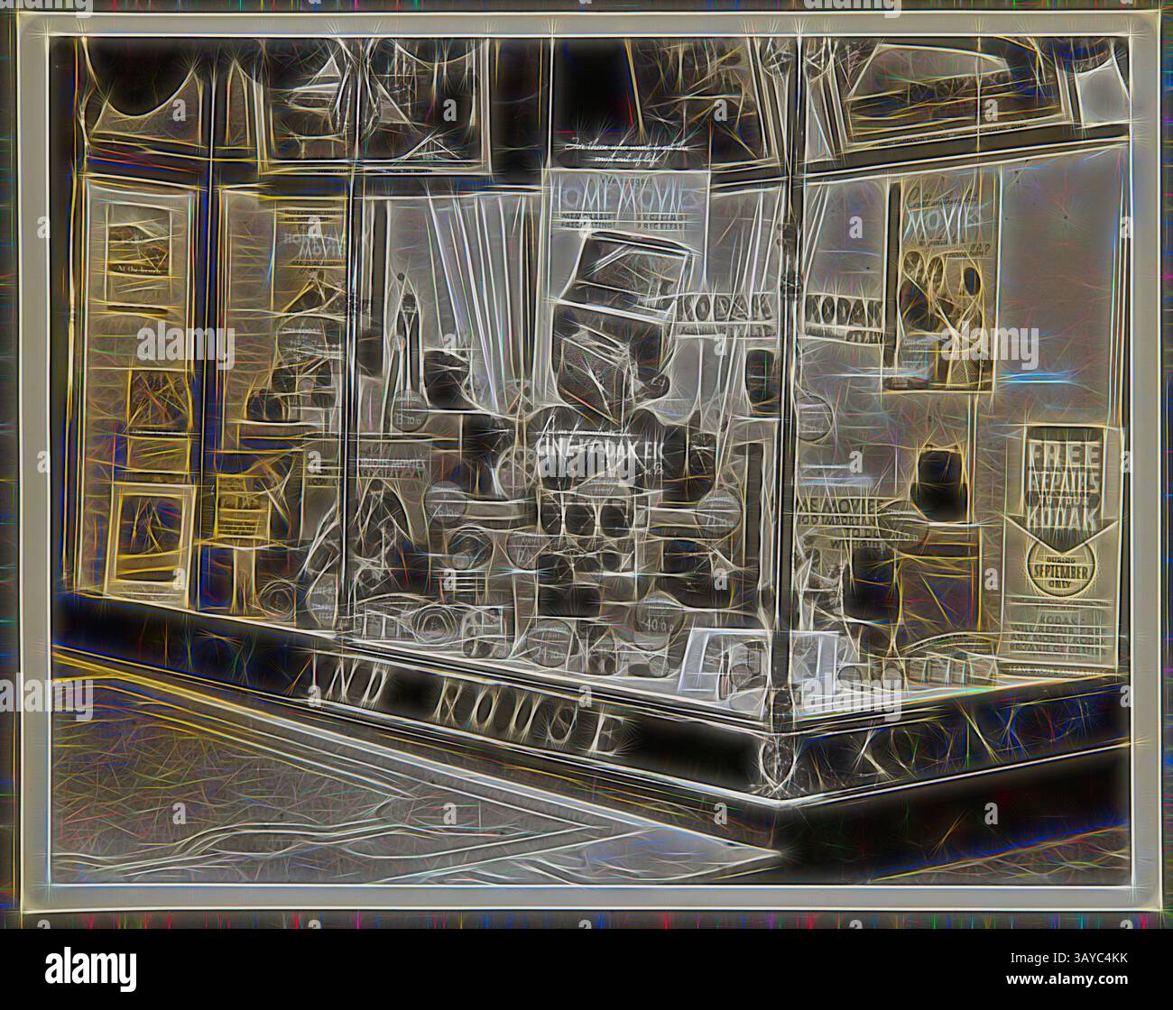 Une vitrine vintage remplie de divers équipements photographiques et affiches, mettant en valeur une ambiance nostalgique. L'arrangement comprend des appareils photo, des bobines de film et du matériel promotionnel, évoquant un sens de l'histoire dans l'art de la photographie., photographie - Kodak, affichage Shopfront, « nous suggérons des films à domicile », vers 1934-1936, affichage Shopfront « nous suggérons des films à domicile » montrant des caméras de cinéma, des photographies, des accessoires photographiques et de l'équipement. L'une des cinquante-six photographies d'un album représentant les vitrines de Kodak Australasia Pty Ltd du milieu des années 1930 Windows généralement en vedette Banque D'Images