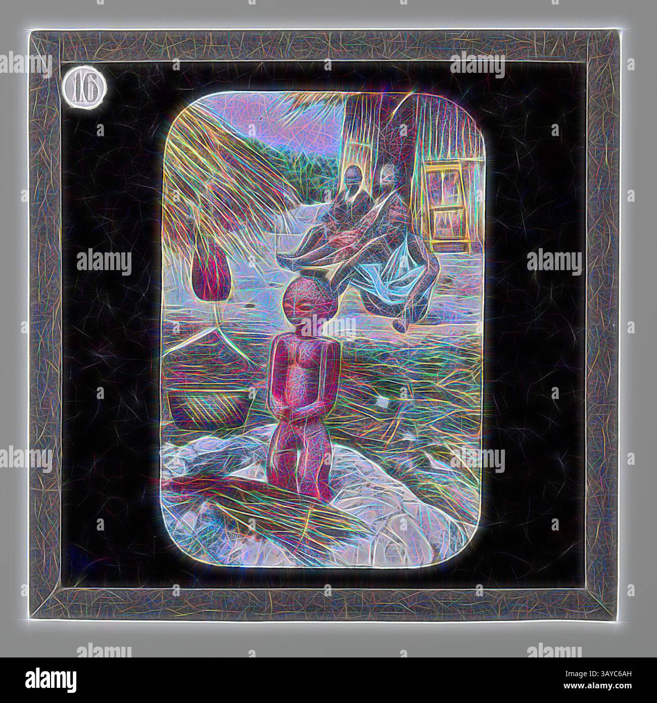 Une représentation stylisée présente une figure en bois au premier plan, entourée d'un cadre naturel serein. En arrière-plan, on peut voir des personnages engagés dans des activités quotidiennes, sur fond de structures de chaume et de verdure luxuriante. L'atmosphère globale reflète un moment tranquille et intemporel dans un paysage culturel., Lantern Slide - African Idol, Life & Work of Dr David Livingstone, vers 1900, Lantern Slide représentant une scène de village africain, il y a une idole au premier plan. Il fait partie d'un ensemble incomplet de 40 diapositives, dont deux sont manquantes, illustrant les faits saillants de Livingstone Banque D'Images