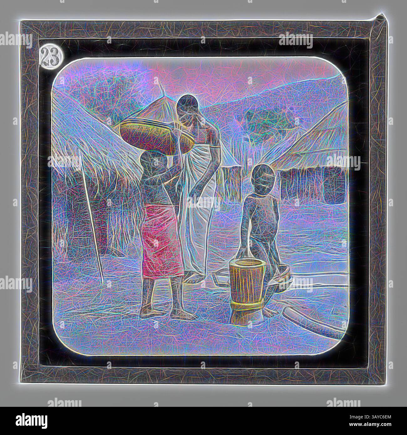 Un groupe d'individus engagés dans des activités quotidiennes près de cabanes au toit de chaume, avec une personne portant un grand conteneur sur leur tête tandis qu'une autre tient une cruche d'eau, dans un environnement naturel en toile de fond., Lantern Slide - African Village Life, Life & Work of Dr David Livingstone, vers 1900, Lantern Slide représentant la vie dans un village africain. Il fait partie d'un ensemble incomplet de 40 diapositives, dont deux manquent, illustrant les faits saillants de la vie et des voyages de Livingstone. Ces lames ont été fabriquées par la London Stereoscopic & Photographic Company pour la London Missionary Society, vers Banque D'Images