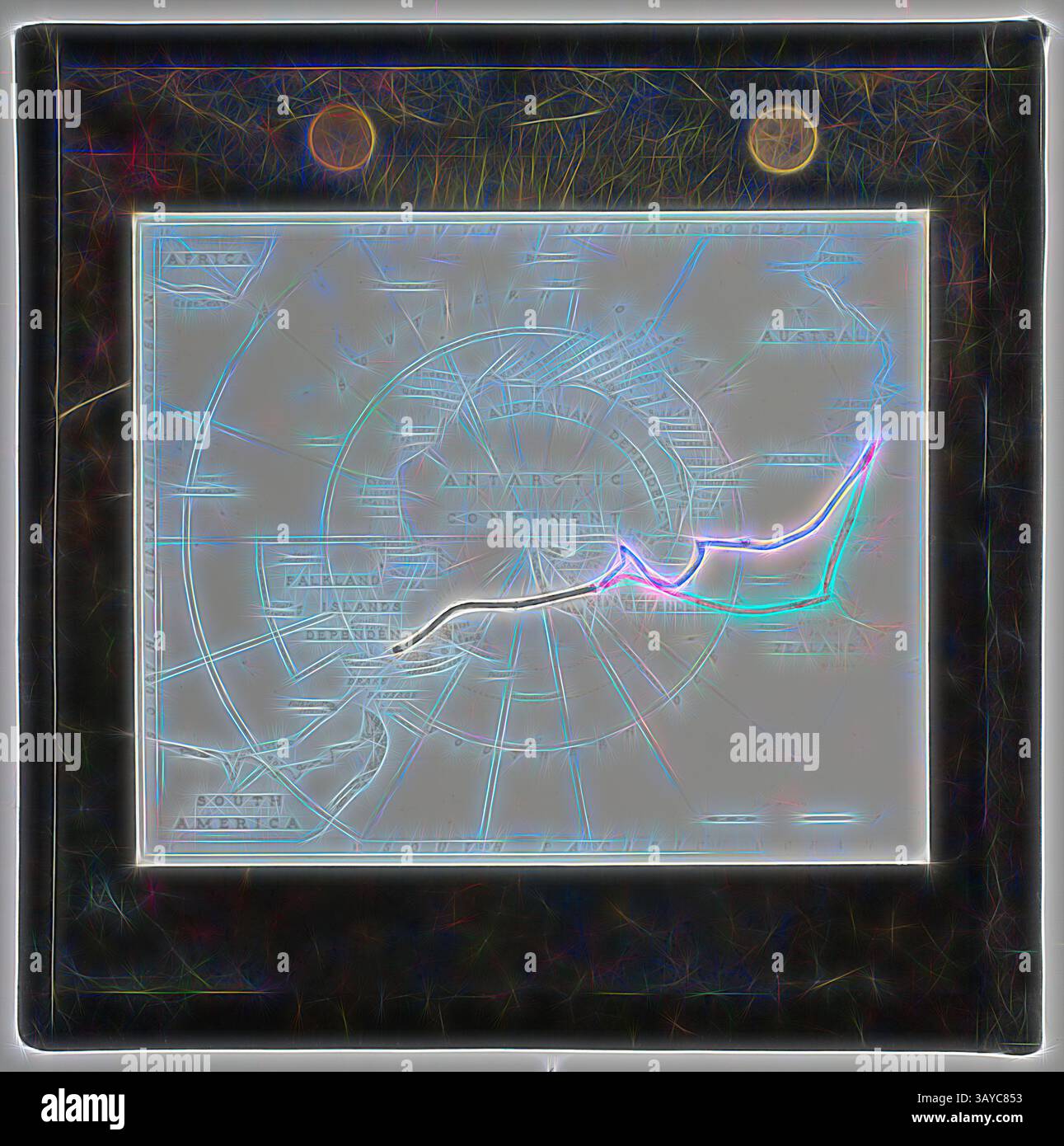 Une carte stylisée met en évidence le continent antarctique, avec des lignes complexes et des détails géographiques, encadrés par une bordure texturée avec deux attaches circulaires en haut. La conception donne une impression de profondeur et de mouvement, améliorant les éléments cartographiques., diapositive de lanterne - carte - routes colorées dessinées par Eric Douglas, expédition de secours Ellsworth, Antarctique, 1935-1936, diapositive de lanterne d'une carte de l'Antarctique. L'une des 328 images dans divers formats, y compris des œuvres d'art, des photographies, des négatifs en verre et des diapositives de lanterne., art classique avec une touche moderne réinventé par Artotop Banque D'Images