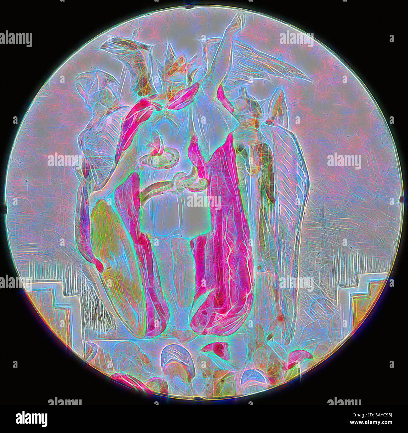 Une représentation stylisée d'une figure héroïque debout avec confiance, entourée d'autres figures qui véhiculent des thèmes de force et de valeur. La composition présente des vêtements fluides et des détails complexes, créant un sens dynamique du mouvement et de la puissance., Lantern Slides - série, la Guerre Sainte, 1850-1910, série de 12 diapositives de lanterne imprimées représentant l'histoire de la Guerre Sainte, écrit à l'origine en 1682 par John Bunyan. ensemble dans une boîte en bois. La collection contient des diapositives photographiques, imprimées et peintes à la main représentant des paysages, des bâtiments, des dessins scientifiques, des animaux et des histoires religieuses Banque D'Images