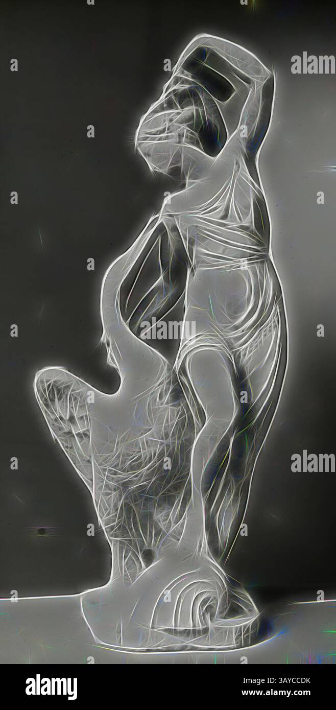 Sculpture stylisée d'une figure dans une pose dynamique, mettant en valeur des lignes et des textures complexes qui transmettent le mouvement et l'émotion. La figure semble être en pleine action, avec des draperies fluides améliorant sa forme gracieuse., Lantern Slide - 'Leda and the Swan', Bartolomeo Ammannati, Victoria & Albert Museum, 1909-1930, l'un d'un ensemble de quatre-vingt dix diapositives de lanterne magique photographiques contenant des images d'artefacts, d'œuvres d'art, d'arts décoratifs, d'intérieurs et de meubles qui semblent appartenir à divers musées et collections de galerie au Royaume-Uni. Cette diapositive représente une image d'une sculpture en marbre de 'Leda Banque D'Images