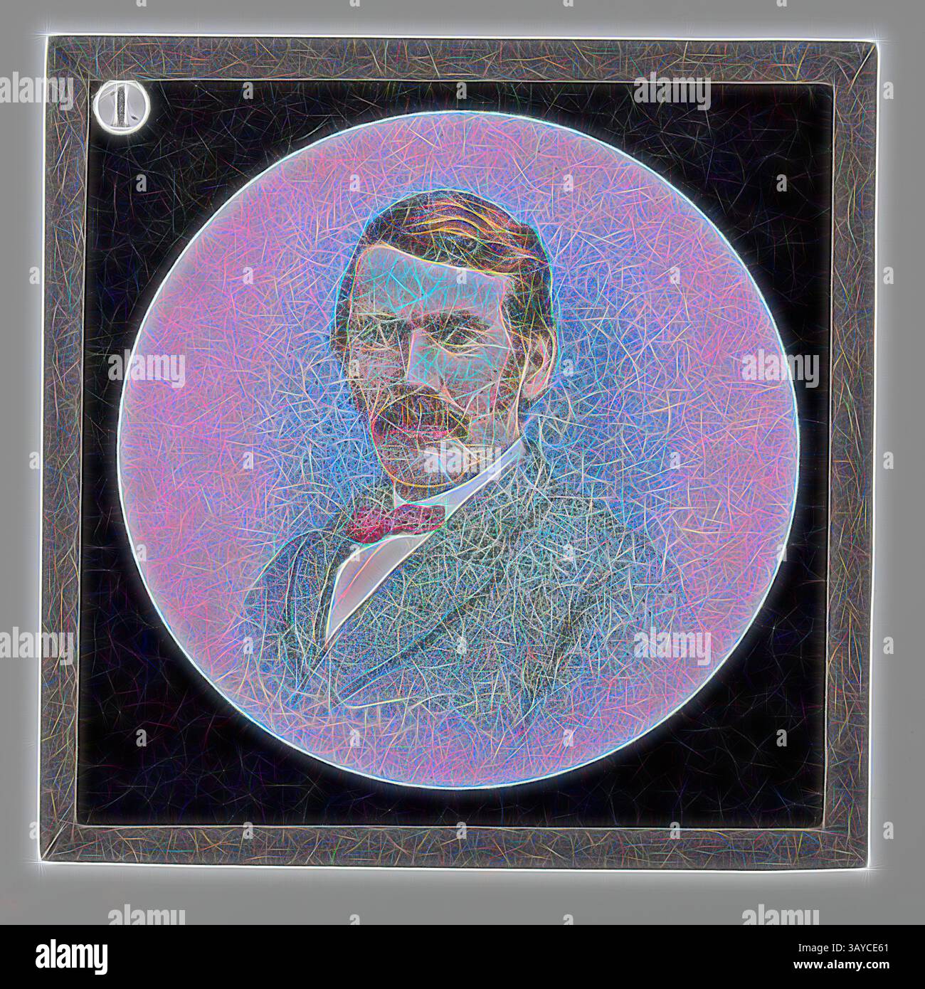 Portrait stylisé d'un homme distingué avec une moustache, vêtu d'une tenue habillée, sur un fond circulaire texturé et vibrant. La composition globale mélange l'élégance classique avec un flair artistique moderne., Lantern Slide - Portrait du Dr Livingstone, vie et travail du Dr David Livingstone, vers 1900, Lantern Slide représentant un portrait de la tête et des épaules du Dr Livingstone. Il fait partie d'un ensemble incomplet de 40 diapositives, dont deux manquent, illustrant les faits saillants de la vie et des voyages de Livingstone. Ces lames ont été fabriquées par la London Stereoscopic & Photographic Company pour Banque D'Images