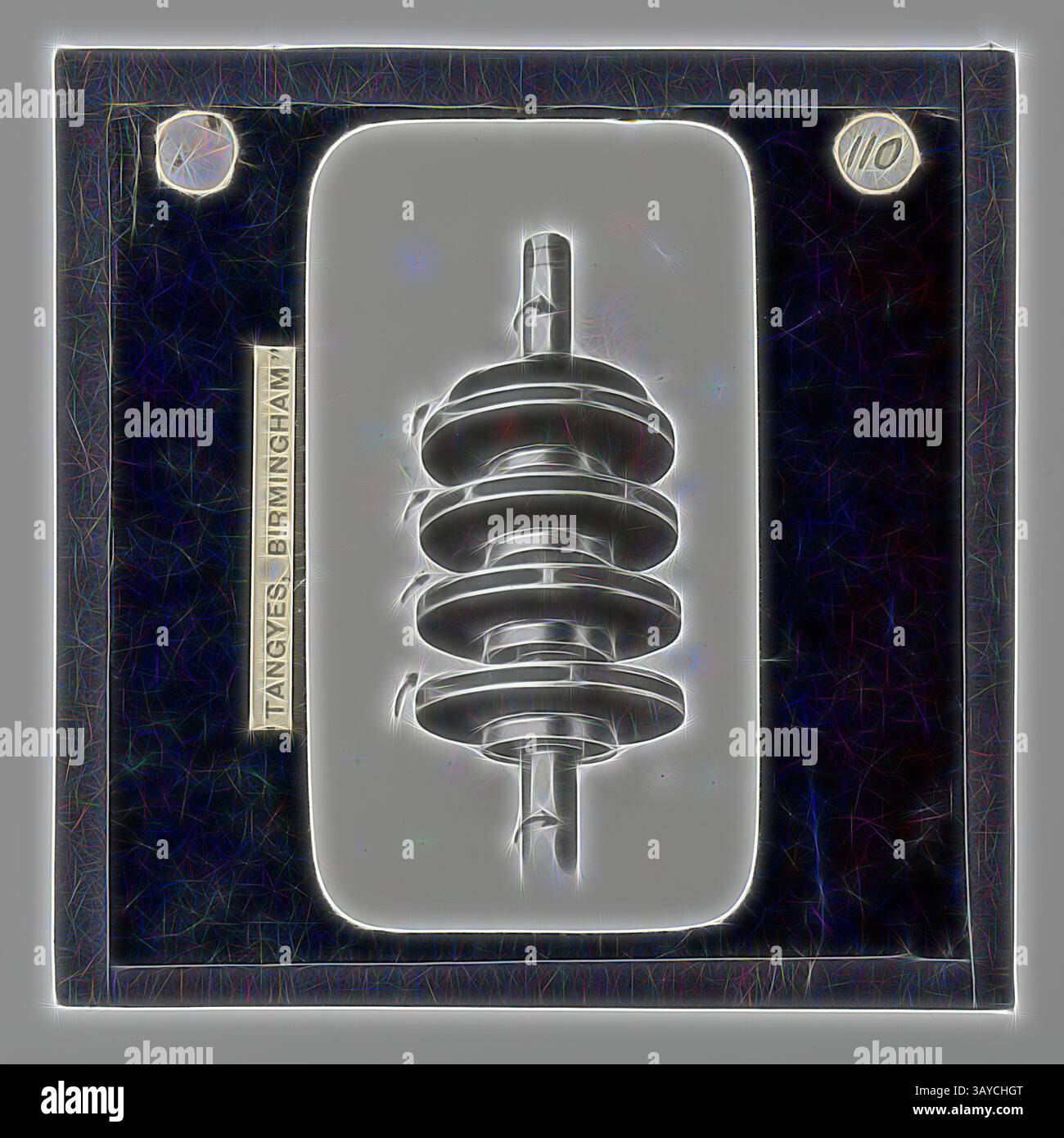 Représentation stylisée d'un isolant avec un motif en couches, placé sur un fond contrasté, avec le texte « Tangyes, Birmingham » sur le côté., Lantern Slide - Tangyes Ltd, centrifugeuses de pompe, vers 1910, l'une des 239 diapositives de lanterne en verre représentant des produits fabriqués par les ingénieurs de Tangyes Limited de Birmingham, en Angleterre. Les images comprennent divers produits tels que des moteurs, des pompes centrifuges, des pompes hydrauliques, des producteurs de gaz, des machines d'essai de matériaux, presses, machines-outils, vérins hydrauliques, etc Tangyes était une société qui a fonctionné de 1857 à 1957. Ils ont produit une grande variété Banque D'Images
