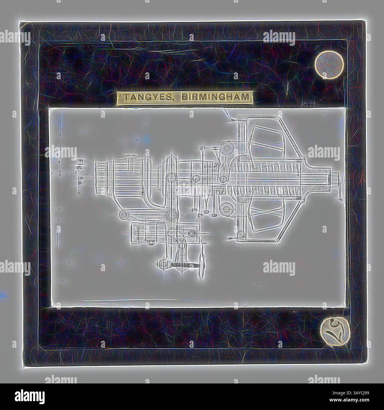 Un dessin technique détaillé d'un composant mécanique, étiqueté avec le nom 'Tangyes, Birmingham', présentant des conceptions complexes et des éléments d'ingénierie., Lantern Slide - Tangyes Ltd, Governor, circa 1910, l'une des 239 diapositives lanternes en verre représentant des produits fabriqués par les ingénieurs de Tangyes Limited de Birmingham, Angleterre. Les images comprennent divers produits tels que des moteurs, des pompes centrifuges, des pompes hydrauliques, des producteurs de gaz, des machines d'essai de matériaux, presses, machines-outils, vérins hydrauliques, etc Tangyes était une société qui a fonctionné de 1857 à 1957. Ils ont produit une grande variété de Banque D'Images
